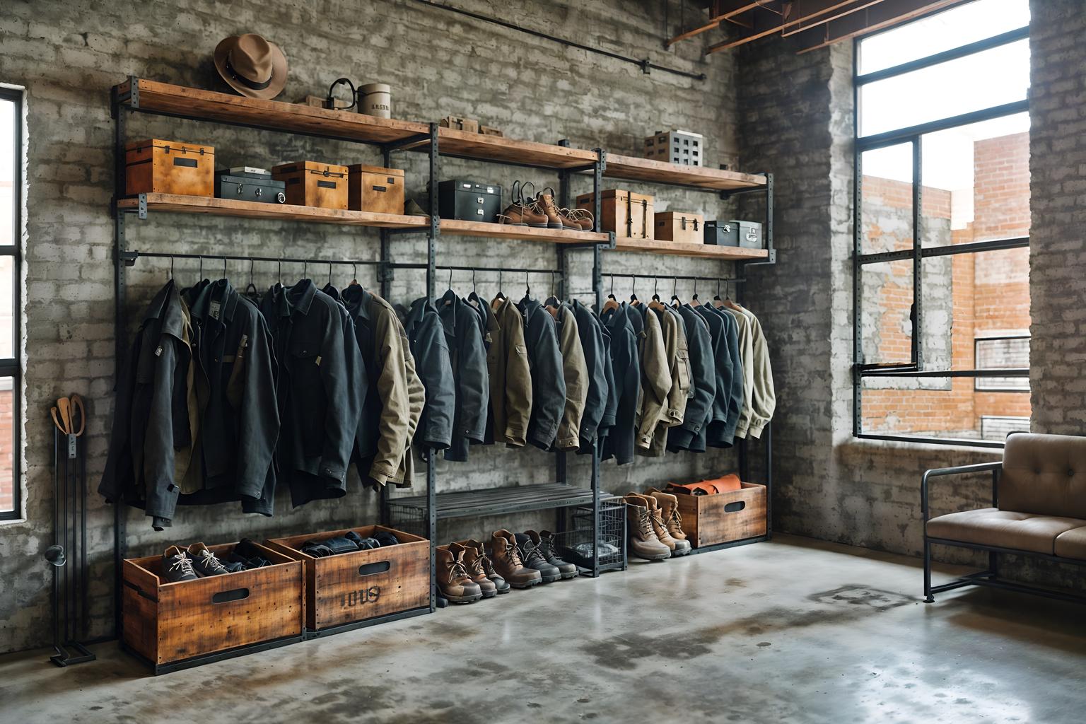 industrial-style (drop zone interior) with shelves for shoes and cabinets and wall hooks for coats and high up storage and lockers and cubbies and storage baskets and a bench. . with neutral tones and exposed brick and exposed rafters and factory style and exposed concrete and reclaimed wood and open floorplan and utilitarian objects. . cinematic photo, highly detailed, cinematic lighting, ultra-detailed, ultrarealistic, photorealism, 8k. industrial interior design style. masterpiece, cinematic light, ultrarealistic+, photorealistic+, 8k, raw photo, realistic, sharp focus on eyes, (symmetrical eyes), (intact eyes), hyperrealistic, highest quality, best quality, , highly detailed, masterpiece, best quality, extremely detailed 8k wallpaper, masterpiece, best quality, ultra-detailed, best shadow, detailed background, detailed face, detailed eyes, high contrast, best illumination, detailed face, dulux, caustic, dynamic angle, detailed glow. dramatic lighting. highly detailed, insanely detailed hair, symmetrical, intricate details, professionally retouched, 8k high definition. strong bokeh. award winning photo.