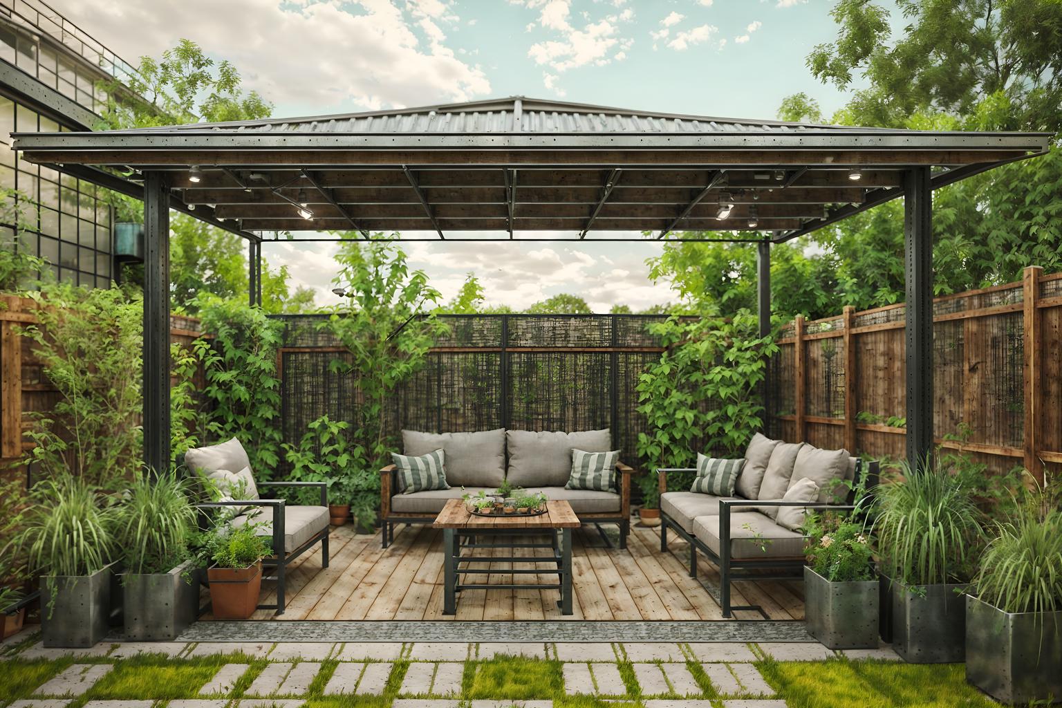 industrial-style designed (outdoor garden ) with garden tree and grass and garden plants and garden tree. . with open floorplan and metal panels and raw aesthetic and reclaimed wood and factory style and neutral tones and exposed rafters and utilitarian objects. . cinematic photo, highly detailed, cinematic lighting, ultra-detailed, ultrarealistic, photorealism, 8k. industrial design style. masterpiece, cinematic light, ultrarealistic+, photorealistic+, 8k, raw photo, realistic, sharp focus on eyes, (symmetrical eyes), (intact eyes), hyperrealistic, highest quality, best quality, , highly detailed, masterpiece, best quality, extremely detailed 8k wallpaper, masterpiece, best quality, ultra-detailed, best shadow, detailed background, detailed face, detailed eyes, high contrast, best illumination, detailed face, dulux, caustic, dynamic angle, detailed glow. dramatic lighting. highly detailed, insanely detailed hair, symmetrical, intricate details, professionally retouched, 8k high definition. strong bokeh. award winning photo.