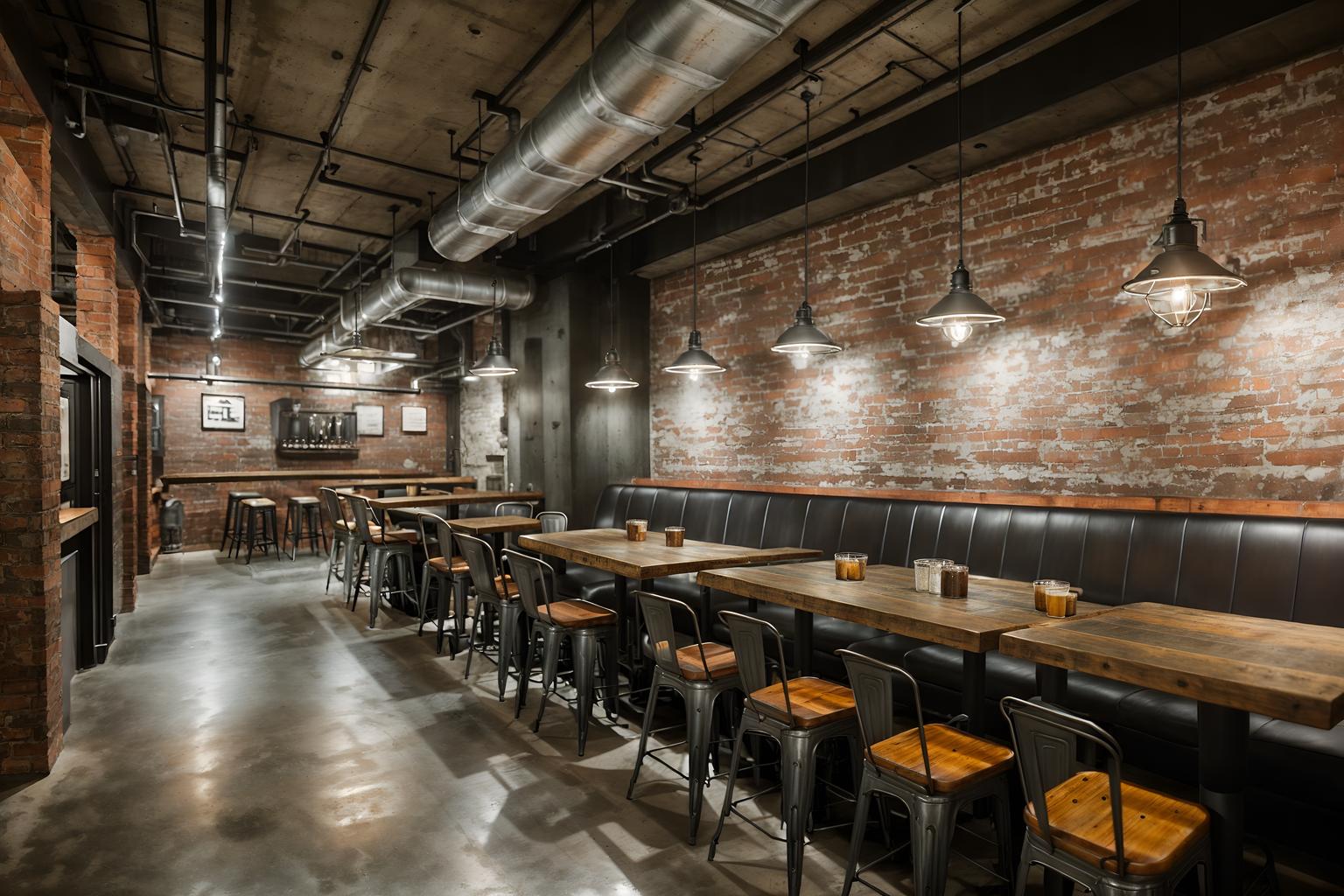 industrial-style (restaurant interior) with restaurant dining tables and restaurant bar and restaurant decor and restaurant chairs and restaurant dining tables. . with metal panels and utilitarian objects and reclaimed wood and raw aesthetic and neutral tones and exposed brick and open floorplan and exposed concrete. . cinematic photo, highly detailed, cinematic lighting, ultra-detailed, ultrarealistic, photorealism, 8k. industrial interior design style. masterpiece, cinematic light, ultrarealistic+, photorealistic+, 8k, raw photo, realistic, sharp focus on eyes, (symmetrical eyes), (intact eyes), hyperrealistic, highest quality, best quality, , highly detailed, masterpiece, best quality, extremely detailed 8k wallpaper, masterpiece, best quality, ultra-detailed, best shadow, detailed background, detailed face, detailed eyes, high contrast, best illumination, detailed face, dulux, caustic, dynamic angle, detailed glow. dramatic lighting. highly detailed, insanely detailed hair, symmetrical, intricate details, professionally retouched, 8k high definition. strong bokeh. award winning photo.