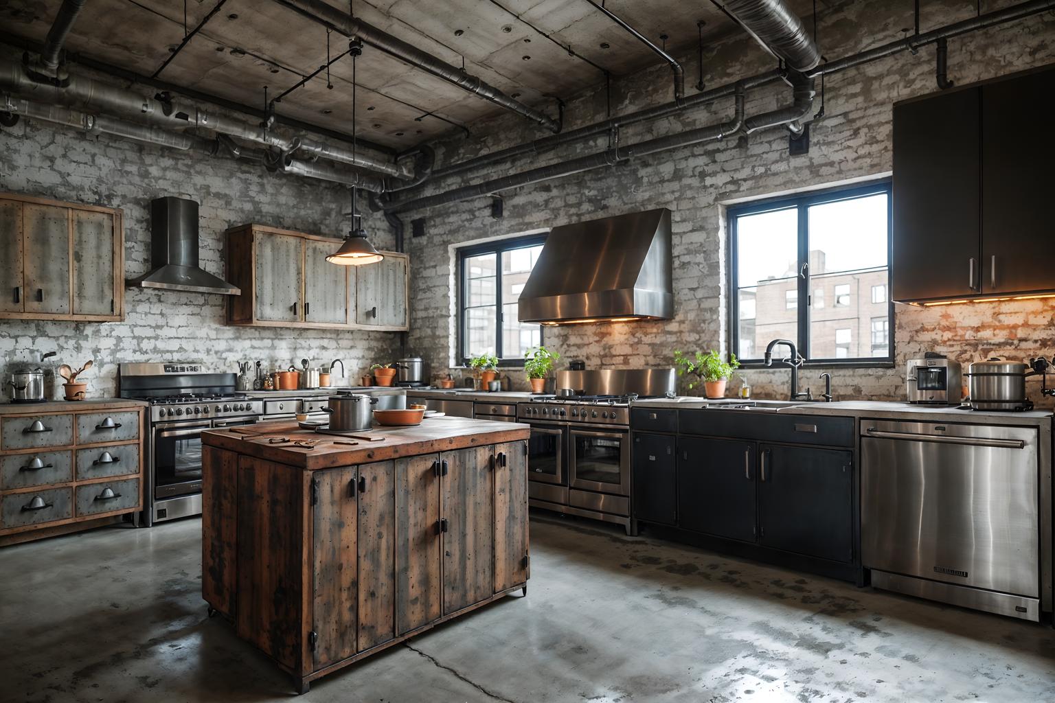 industrial-style (kitchen interior) with sink and plant and stove and refrigerator and kitchen cabinets and worktops and sink. . with exposed brick and raw aesthetic and exposed rafters and open floorplan and metal panels and neutral tones and utilitarian objects and exposed concrete. . cinematic photo, highly detailed, cinematic lighting, ultra-detailed, ultrarealistic, photorealism, 8k. industrial interior design style. masterpiece, cinematic light, ultrarealistic+, photorealistic+, 8k, raw photo, realistic, sharp focus on eyes, (symmetrical eyes), (intact eyes), hyperrealistic, highest quality, best quality, , highly detailed, masterpiece, best quality, extremely detailed 8k wallpaper, masterpiece, best quality, ultra-detailed, best shadow, detailed background, detailed face, detailed eyes, high contrast, best illumination, detailed face, dulux, caustic, dynamic angle, detailed glow. dramatic lighting. highly detailed, insanely detailed hair, symmetrical, intricate details, professionally retouched, 8k high definition. strong bokeh. award winning photo.