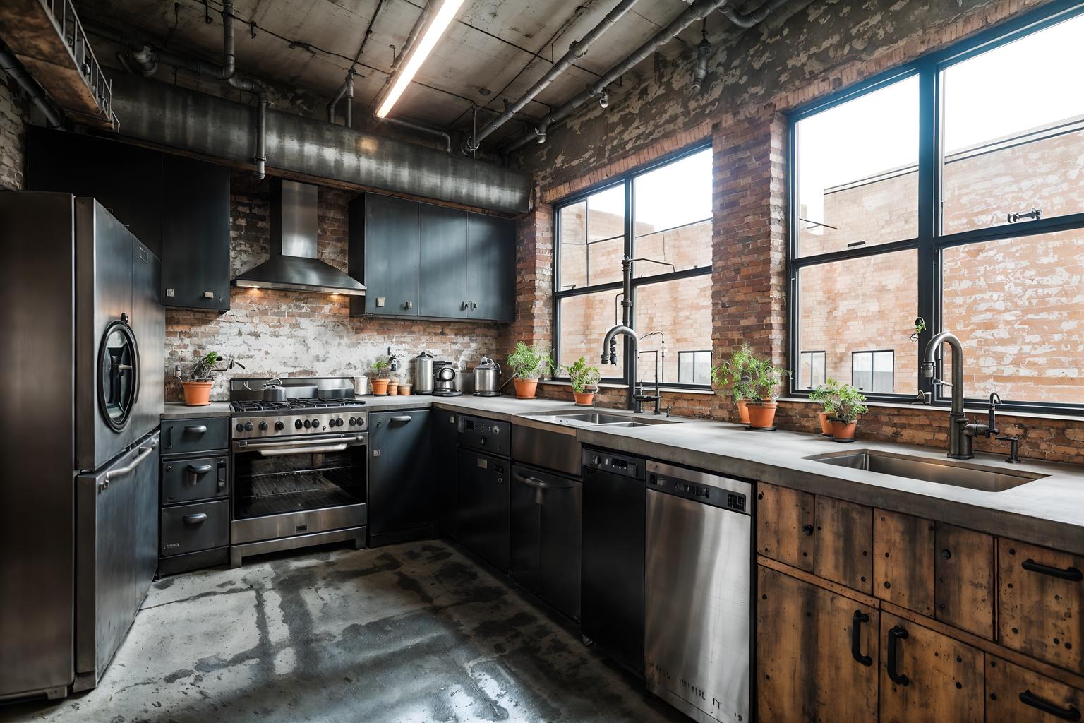 industrial-style (kitchen interior) with sink and plant and stove and refrigerator and kitchen cabinets and worktops and sink. . with exposed brick and raw aesthetic and exposed rafters and open floorplan and metal panels and neutral tones and utilitarian objects and exposed concrete. . cinematic photo, highly detailed, cinematic lighting, ultra-detailed, ultrarealistic, photorealism, 8k. industrial interior design style. masterpiece, cinematic light, ultrarealistic+, photorealistic+, 8k, raw photo, realistic, sharp focus on eyes, (symmetrical eyes), (intact eyes), hyperrealistic, highest quality, best quality, , highly detailed, masterpiece, best quality, extremely detailed 8k wallpaper, masterpiece, best quality, ultra-detailed, best shadow, detailed background, detailed face, detailed eyes, high contrast, best illumination, detailed face, dulux, caustic, dynamic angle, detailed glow. dramatic lighting. highly detailed, insanely detailed hair, symmetrical, intricate details, professionally retouched, 8k high definition. strong bokeh. award winning photo.