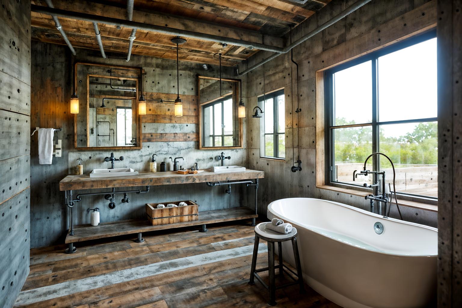 industrial-style (hotel bathroom interior) with toilet seat and shower and bathroom sink with faucet and bathroom cabinet and mirror and bath rail and waste basket and bath towel. . with exposed rafters and reclaimed wood and exposed concrete and utilitarian objects and exposed brick and factory style and neutral tones and open floorplan. . cinematic photo, highly detailed, cinematic lighting, ultra-detailed, ultrarealistic, photorealism, 8k. industrial interior design style. masterpiece, cinematic light, ultrarealistic+, photorealistic+, 8k, raw photo, realistic, sharp focus on eyes, (symmetrical eyes), (intact eyes), hyperrealistic, highest quality, best quality, , highly detailed, masterpiece, best quality, extremely detailed 8k wallpaper, masterpiece, best quality, ultra-detailed, best shadow, detailed background, detailed face, detailed eyes, high contrast, best illumination, detailed face, dulux, caustic, dynamic angle, detailed glow. dramatic lighting. highly detailed, insanely detailed hair, symmetrical, intricate details, professionally retouched, 8k high definition. strong bokeh. award winning photo.