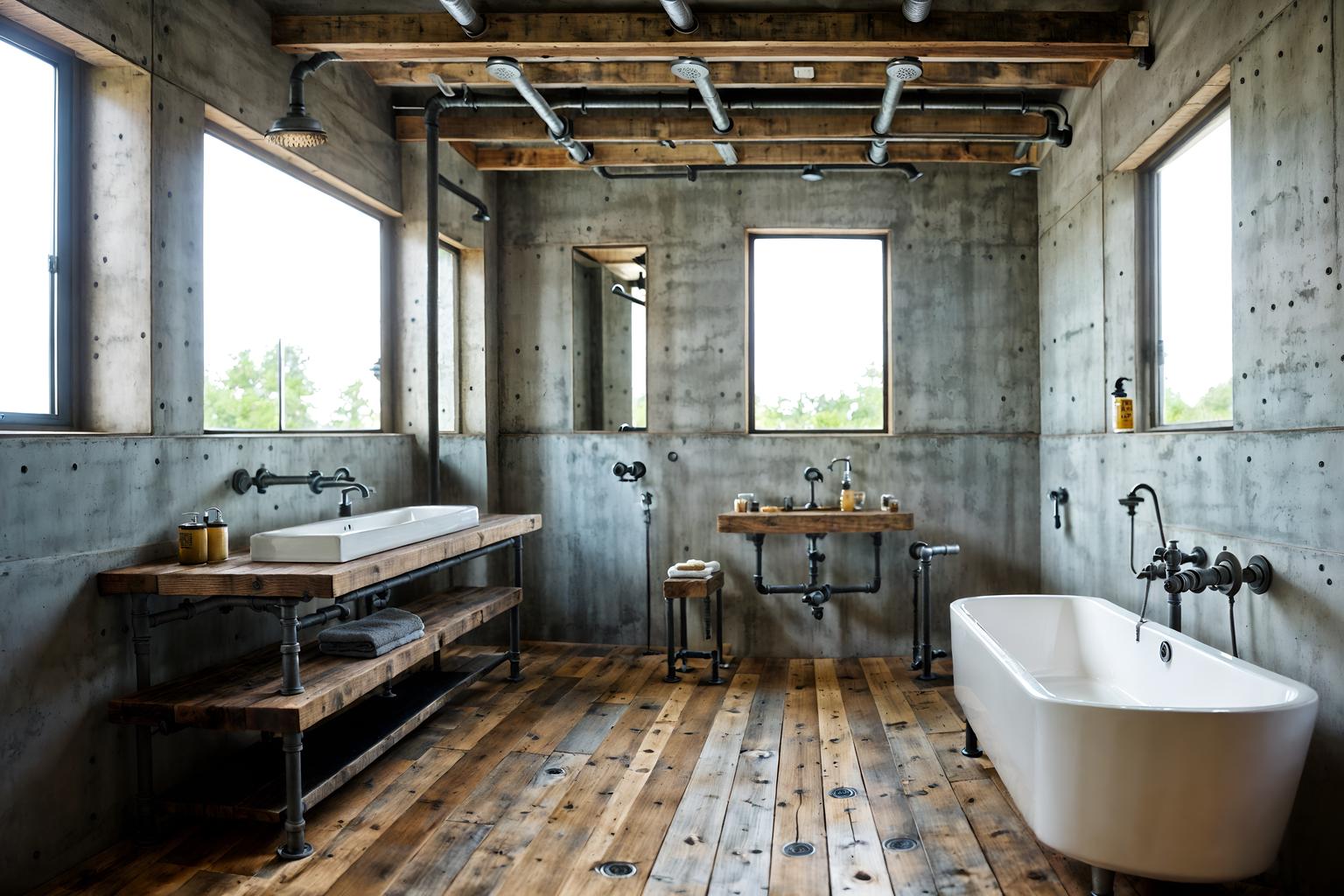 industrial-style (hotel bathroom interior) with toilet seat and shower and bathroom sink with faucet and bathroom cabinet and mirror and bath rail and waste basket and bath towel. . with exposed rafters and reclaimed wood and exposed concrete and utilitarian objects and exposed brick and factory style and neutral tones and open floorplan. . cinematic photo, highly detailed, cinematic lighting, ultra-detailed, ultrarealistic, photorealism, 8k. industrial interior design style. masterpiece, cinematic light, ultrarealistic+, photorealistic+, 8k, raw photo, realistic, sharp focus on eyes, (symmetrical eyes), (intact eyes), hyperrealistic, highest quality, best quality, , highly detailed, masterpiece, best quality, extremely detailed 8k wallpaper, masterpiece, best quality, ultra-detailed, best shadow, detailed background, detailed face, detailed eyes, high contrast, best illumination, detailed face, dulux, caustic, dynamic angle, detailed glow. dramatic lighting. highly detailed, insanely detailed hair, symmetrical, intricate details, professionally retouched, 8k high definition. strong bokeh. award winning photo.