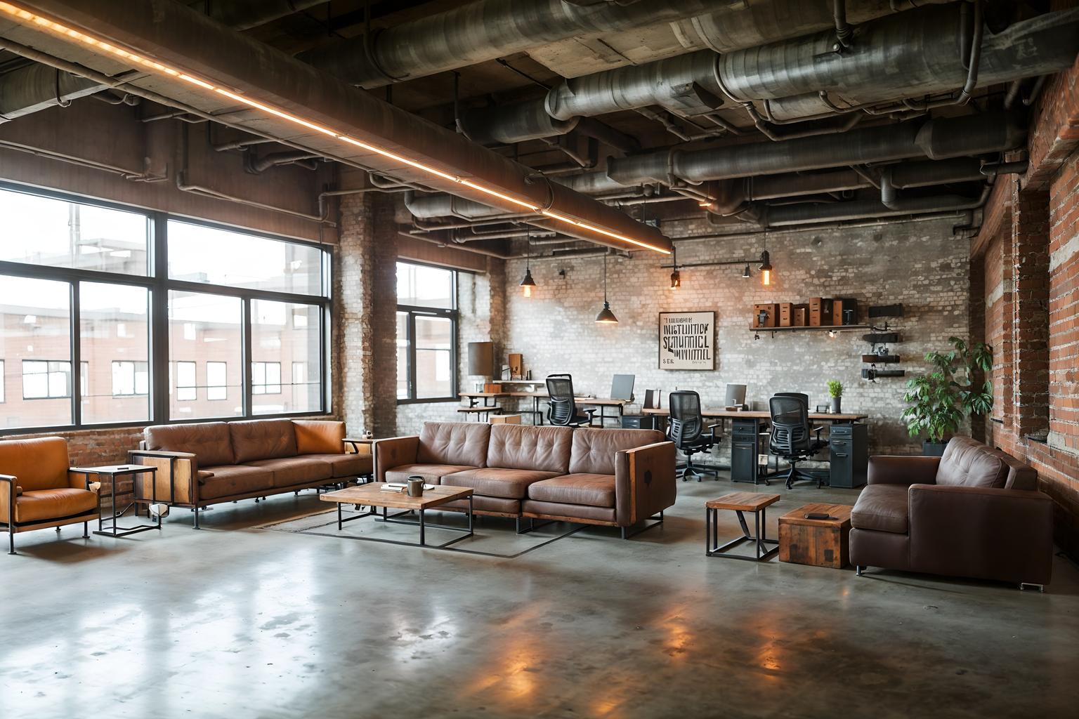 industrial-style (coworking space interior) with office desks and office chairs and seating area with sofa and lounge chairs and office desks. . with exposed brick and neutral tones and reclaimed wood and open floorplan and metal panels and factory style and utilitarian objects and exposed concrete. . cinematic photo, highly detailed, cinematic lighting, ultra-detailed, ultrarealistic, photorealism, 8k. industrial interior design style. masterpiece, cinematic light, ultrarealistic+, photorealistic+, 8k, raw photo, realistic, sharp focus on eyes, (symmetrical eyes), (intact eyes), hyperrealistic, highest quality, best quality, , highly detailed, masterpiece, best quality, extremely detailed 8k wallpaper, masterpiece, best quality, ultra-detailed, best shadow, detailed background, detailed face, detailed eyes, high contrast, best illumination, detailed face, dulux, caustic, dynamic angle, detailed glow. dramatic lighting. highly detailed, insanely detailed hair, symmetrical, intricate details, professionally retouched, 8k high definition. strong bokeh. award winning photo.