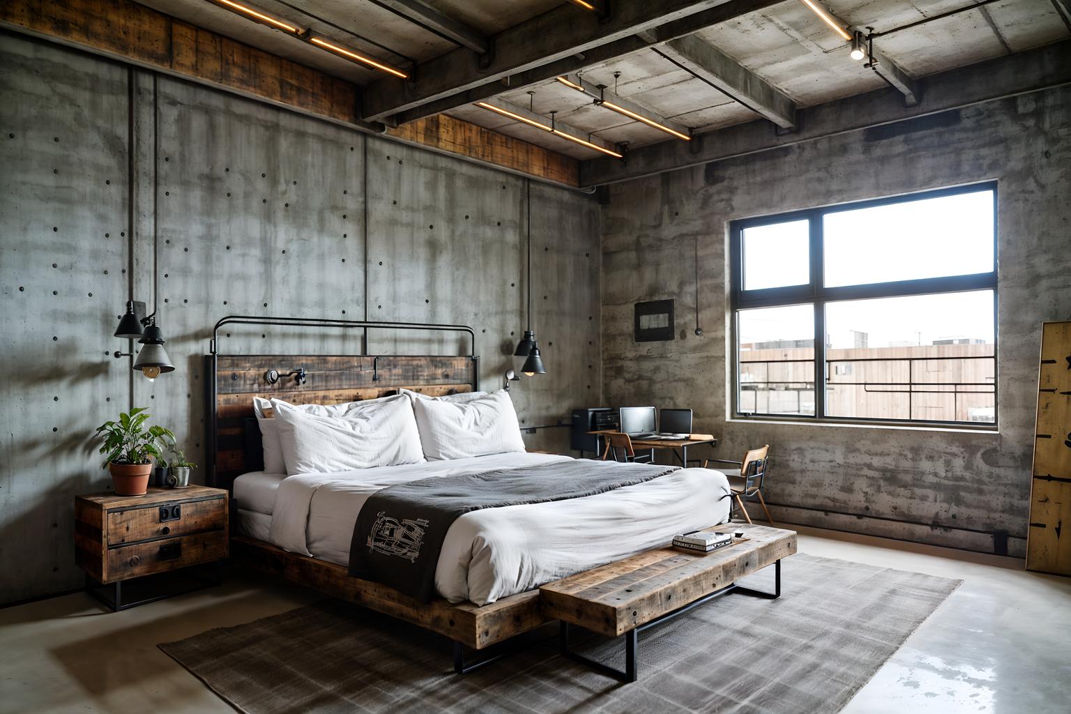 industrial-style (hotel room interior) with bedside table or night stand and working desk with desk chair and plant and bed and storage bench or ottoman and hotel bathroom and dresser closet and mirror. . with reclaimed wood and exposed concrete and factory style and raw aesthetic and neutral tones and exposed rafters and utilitarian objects and exposed brick. . cinematic photo, highly detailed, cinematic lighting, ultra-detailed, ultrarealistic, photorealism, 8k. industrial interior design style. masterpiece, cinematic light, ultrarealistic+, photorealistic+, 8k, raw photo, realistic, sharp focus on eyes, (symmetrical eyes), (intact eyes), hyperrealistic, highest quality, best quality, , highly detailed, masterpiece, best quality, extremely detailed 8k wallpaper, masterpiece, best quality, ultra-detailed, best shadow, detailed background, detailed face, detailed eyes, high contrast, best illumination, detailed face, dulux, caustic, dynamic angle, detailed glow. dramatic lighting. highly detailed, insanely detailed hair, symmetrical, intricate details, professionally retouched, 8k high definition. strong bokeh. award winning photo.