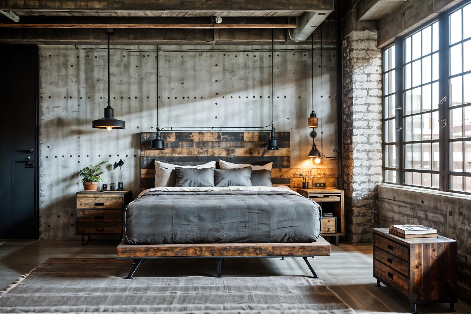 industrial-style (hotel room interior) with bedside table or night stand and working desk with desk chair and plant and bed and storage bench or ottoman and hotel bathroom and dresser closet and mirror. . with reclaimed wood and exposed concrete and factory style and raw aesthetic and neutral tones and exposed rafters and utilitarian objects and exposed brick. . cinematic photo, highly detailed, cinematic lighting, ultra-detailed, ultrarealistic, photorealism, 8k. industrial interior design style. masterpiece, cinematic light, ultrarealistic+, photorealistic+, 8k, raw photo, realistic, sharp focus on eyes, (symmetrical eyes), (intact eyes), hyperrealistic, highest quality, best quality, , highly detailed, masterpiece, best quality, extremely detailed 8k wallpaper, masterpiece, best quality, ultra-detailed, best shadow, detailed background, detailed face, detailed eyes, high contrast, best illumination, detailed face, dulux, caustic, dynamic angle, detailed glow. dramatic lighting. highly detailed, insanely detailed hair, symmetrical, intricate details, professionally retouched, 8k high definition. strong bokeh. award winning photo.