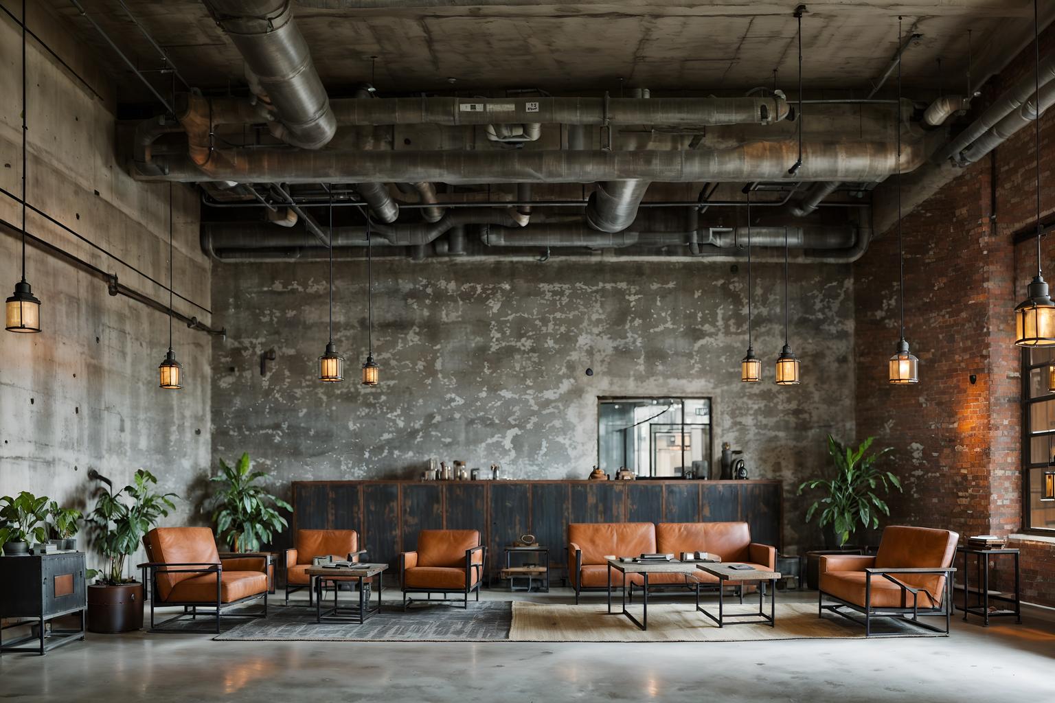 industrial-style (hotel lobby interior) with furniture and lounge chairs and hanging lamps and check in desk and coffee tables and plant and rug and sofas. . with exposed brick and exposed concrete and factory style and open floorplan and exposed rafters and utilitarian objects and reclaimed wood and metal panels. . cinematic photo, highly detailed, cinematic lighting, ultra-detailed, ultrarealistic, photorealism, 8k. industrial interior design style. masterpiece, cinematic light, ultrarealistic+, photorealistic+, 8k, raw photo, realistic, sharp focus on eyes, (symmetrical eyes), (intact eyes), hyperrealistic, highest quality, best quality, , highly detailed, masterpiece, best quality, extremely detailed 8k wallpaper, masterpiece, best quality, ultra-detailed, best shadow, detailed background, detailed face, detailed eyes, high contrast, best illumination, detailed face, dulux, caustic, dynamic angle, detailed glow. dramatic lighting. highly detailed, insanely detailed hair, symmetrical, intricate details, professionally retouched, 8k high definition. strong bokeh. award winning photo.