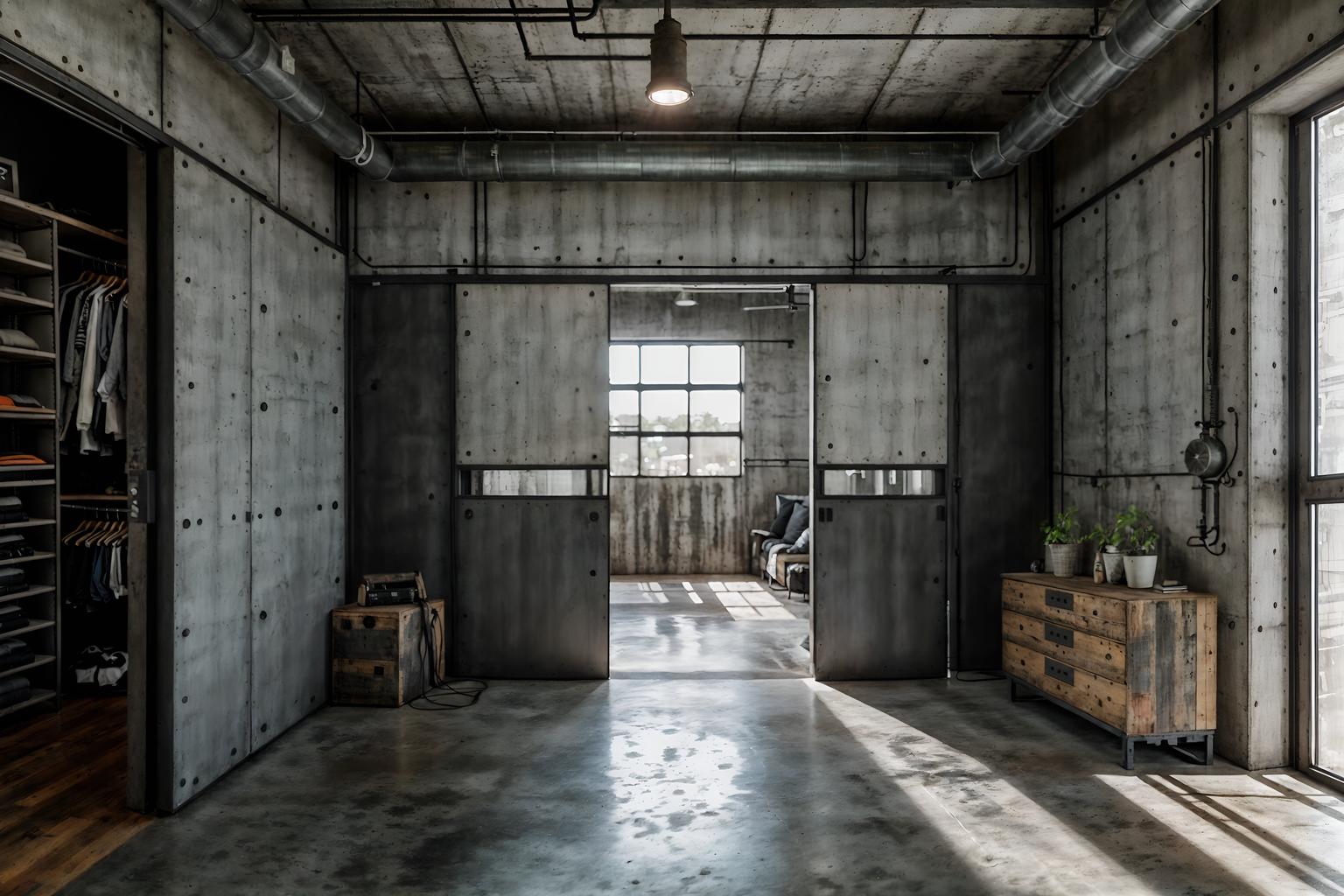 industrial-style (walk in closet interior) . with exposed concrete and utilitarian objects and reclaimed wood and neutral tones and exposed rafters and factory style and raw aesthetic and metal panels. . cinematic photo, highly detailed, cinematic lighting, ultra-detailed, ultrarealistic, photorealism, 8k. industrial interior design style. masterpiece, cinematic light, ultrarealistic+, photorealistic+, 8k, raw photo, realistic, sharp focus on eyes, (symmetrical eyes), (intact eyes), hyperrealistic, highest quality, best quality, , highly detailed, masterpiece, best quality, extremely detailed 8k wallpaper, masterpiece, best quality, ultra-detailed, best shadow, detailed background, detailed face, detailed eyes, high contrast, best illumination, detailed face, dulux, caustic, dynamic angle, detailed glow. dramatic lighting. highly detailed, insanely detailed hair, symmetrical, intricate details, professionally retouched, 8k high definition. strong bokeh. award winning photo.