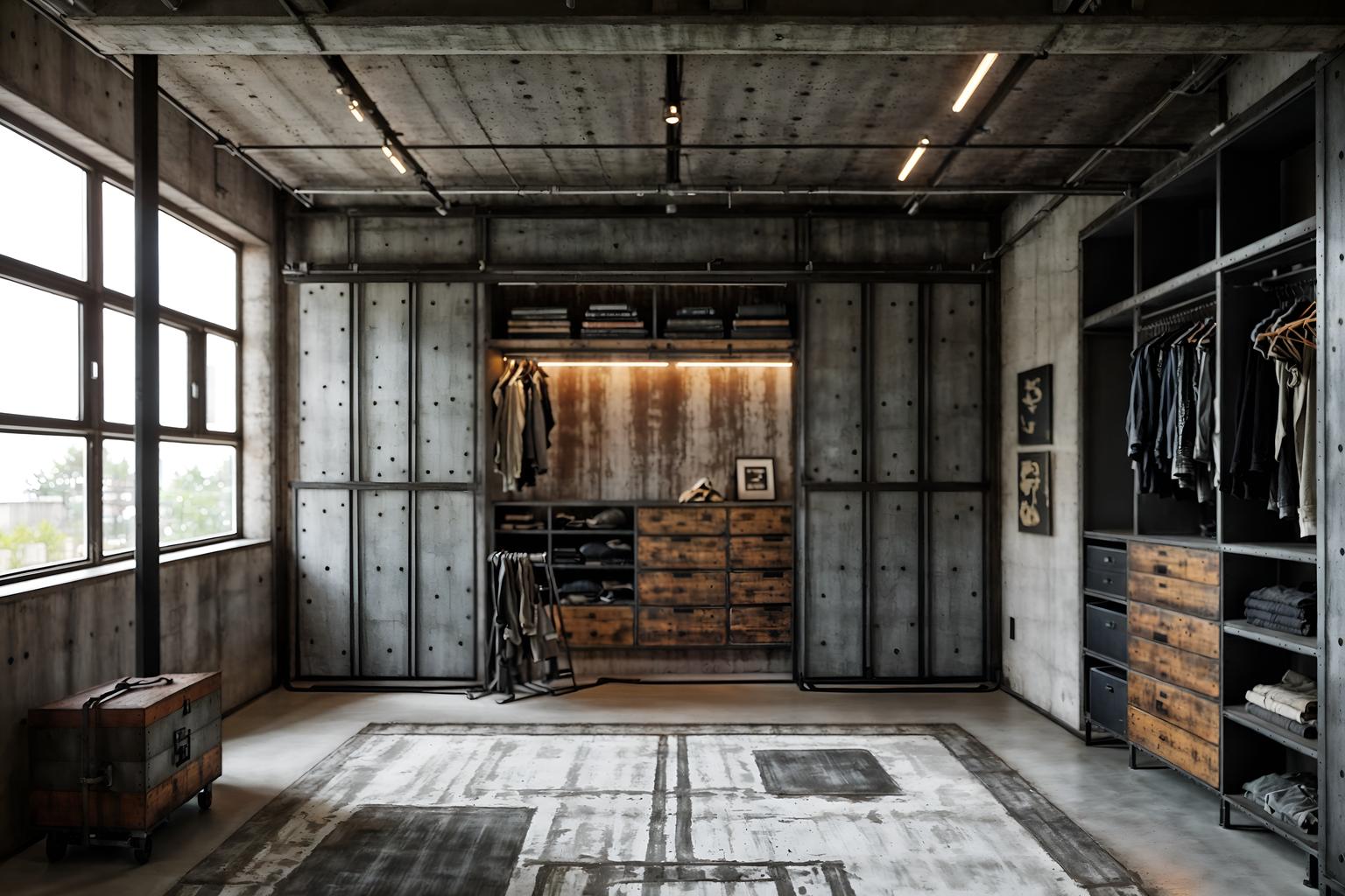 industrial-style (walk in closet interior) . with exposed concrete and utilitarian objects and reclaimed wood and neutral tones and exposed rafters and factory style and raw aesthetic and metal panels. . cinematic photo, highly detailed, cinematic lighting, ultra-detailed, ultrarealistic, photorealism, 8k. industrial interior design style. masterpiece, cinematic light, ultrarealistic+, photorealistic+, 8k, raw photo, realistic, sharp focus on eyes, (symmetrical eyes), (intact eyes), hyperrealistic, highest quality, best quality, , highly detailed, masterpiece, best quality, extremely detailed 8k wallpaper, masterpiece, best quality, ultra-detailed, best shadow, detailed background, detailed face, detailed eyes, high contrast, best illumination, detailed face, dulux, caustic, dynamic angle, detailed glow. dramatic lighting. highly detailed, insanely detailed hair, symmetrical, intricate details, professionally retouched, 8k high definition. strong bokeh. award winning photo.