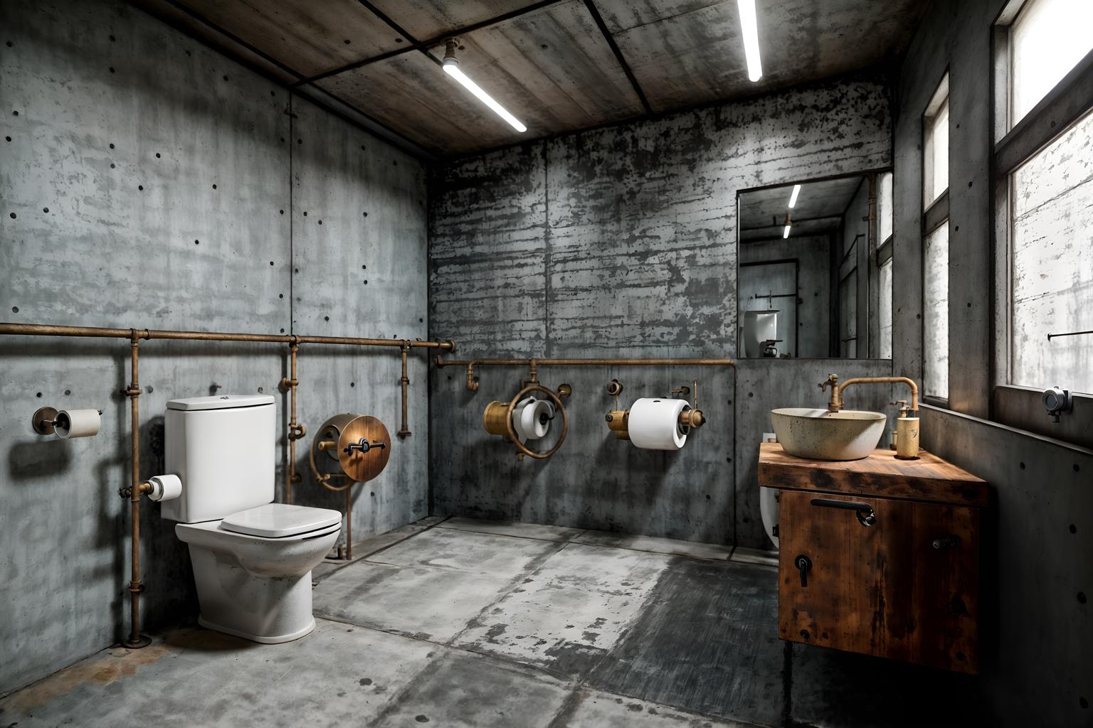 industrial-style (toilet interior) with sink with tap and toilet paper hanger and toilet with toilet seat up and sink with tap. . with neutral tones and metal panels and exposed concrete and exposed rafters and reclaimed wood and raw aesthetic and open floorplan and exposed brick. . cinematic photo, highly detailed, cinematic lighting, ultra-detailed, ultrarealistic, photorealism, 8k. industrial interior design style. masterpiece, cinematic light, ultrarealistic+, photorealistic+, 8k, raw photo, realistic, sharp focus on eyes, (symmetrical eyes), (intact eyes), hyperrealistic, highest quality, best quality, , highly detailed, masterpiece, best quality, extremely detailed 8k wallpaper, masterpiece, best quality, ultra-detailed, best shadow, detailed background, detailed face, detailed eyes, high contrast, best illumination, detailed face, dulux, caustic, dynamic angle, detailed glow. dramatic lighting. highly detailed, insanely detailed hair, symmetrical, intricate details, professionally retouched, 8k high definition. strong bokeh. award winning photo.