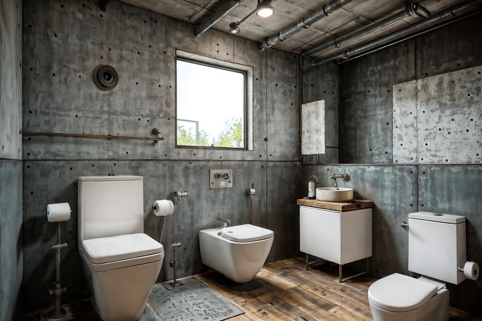 industrial-style (toilet interior) with sink with tap and toilet paper hanger and toilet with toilet seat up and sink with tap. . with neutral tones and metal panels and exposed concrete and exposed rafters and reclaimed wood and raw aesthetic and open floorplan and exposed brick. . cinematic photo, highly detailed, cinematic lighting, ultra-detailed, ultrarealistic, photorealism, 8k. industrial interior design style. masterpiece, cinematic light, ultrarealistic+, photorealistic+, 8k, raw photo, realistic, sharp focus on eyes, (symmetrical eyes), (intact eyes), hyperrealistic, highest quality, best quality, , highly detailed, masterpiece, best quality, extremely detailed 8k wallpaper, masterpiece, best quality, ultra-detailed, best shadow, detailed background, detailed face, detailed eyes, high contrast, best illumination, detailed face, dulux, caustic, dynamic angle, detailed glow. dramatic lighting. highly detailed, insanely detailed hair, symmetrical, intricate details, professionally retouched, 8k high definition. strong bokeh. award winning photo.