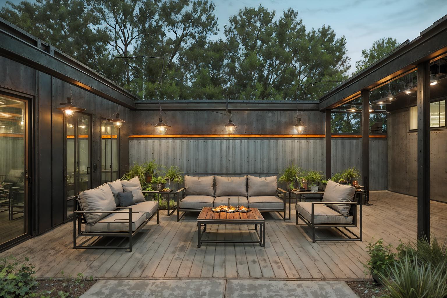 industrial-style designed (outdoor patio ) with barbeque or grill and deck with deck chairs and grass and plant and patio couch with pillows and barbeque or grill. . with metal panels and raw aesthetic and factory style and exposed concrete and neutral tones and open floorplan and utilitarian objects and reclaimed wood. . cinematic photo, highly detailed, cinematic lighting, ultra-detailed, ultrarealistic, photorealism, 8k. industrial design style. masterpiece, cinematic light, ultrarealistic+, photorealistic+, 8k, raw photo, realistic, sharp focus on eyes, (symmetrical eyes), (intact eyes), hyperrealistic, highest quality, best quality, , highly detailed, masterpiece, best quality, extremely detailed 8k wallpaper, masterpiece, best quality, ultra-detailed, best shadow, detailed background, detailed face, detailed eyes, high contrast, best illumination, detailed face, dulux, caustic, dynamic angle, detailed glow. dramatic lighting. highly detailed, insanely detailed hair, symmetrical, intricate details, professionally retouched, 8k high definition. strong bokeh. award winning photo.