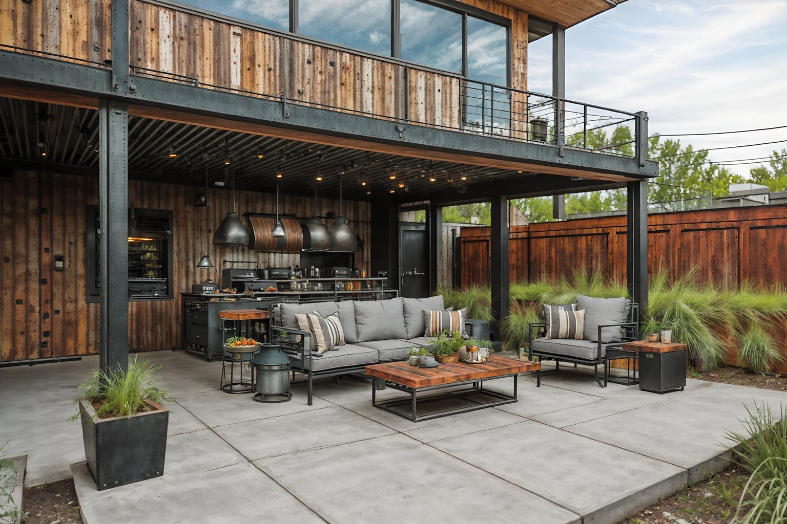 industrial-style designed (outdoor patio ) with barbeque or grill and deck with deck chairs and grass and plant and patio couch with pillows and barbeque or grill. . with metal panels and raw aesthetic and factory style and exposed concrete and neutral tones and open floorplan and utilitarian objects and reclaimed wood. . cinematic photo, highly detailed, cinematic lighting, ultra-detailed, ultrarealistic, photorealism, 8k. industrial design style. masterpiece, cinematic light, ultrarealistic+, photorealistic+, 8k, raw photo, realistic, sharp focus on eyes, (symmetrical eyes), (intact eyes), hyperrealistic, highest quality, best quality, , highly detailed, masterpiece, best quality, extremely detailed 8k wallpaper, masterpiece, best quality, ultra-detailed, best shadow, detailed background, detailed face, detailed eyes, high contrast, best illumination, detailed face, dulux, caustic, dynamic angle, detailed glow. dramatic lighting. highly detailed, insanely detailed hair, symmetrical, intricate details, professionally retouched, 8k high definition. strong bokeh. award winning photo.