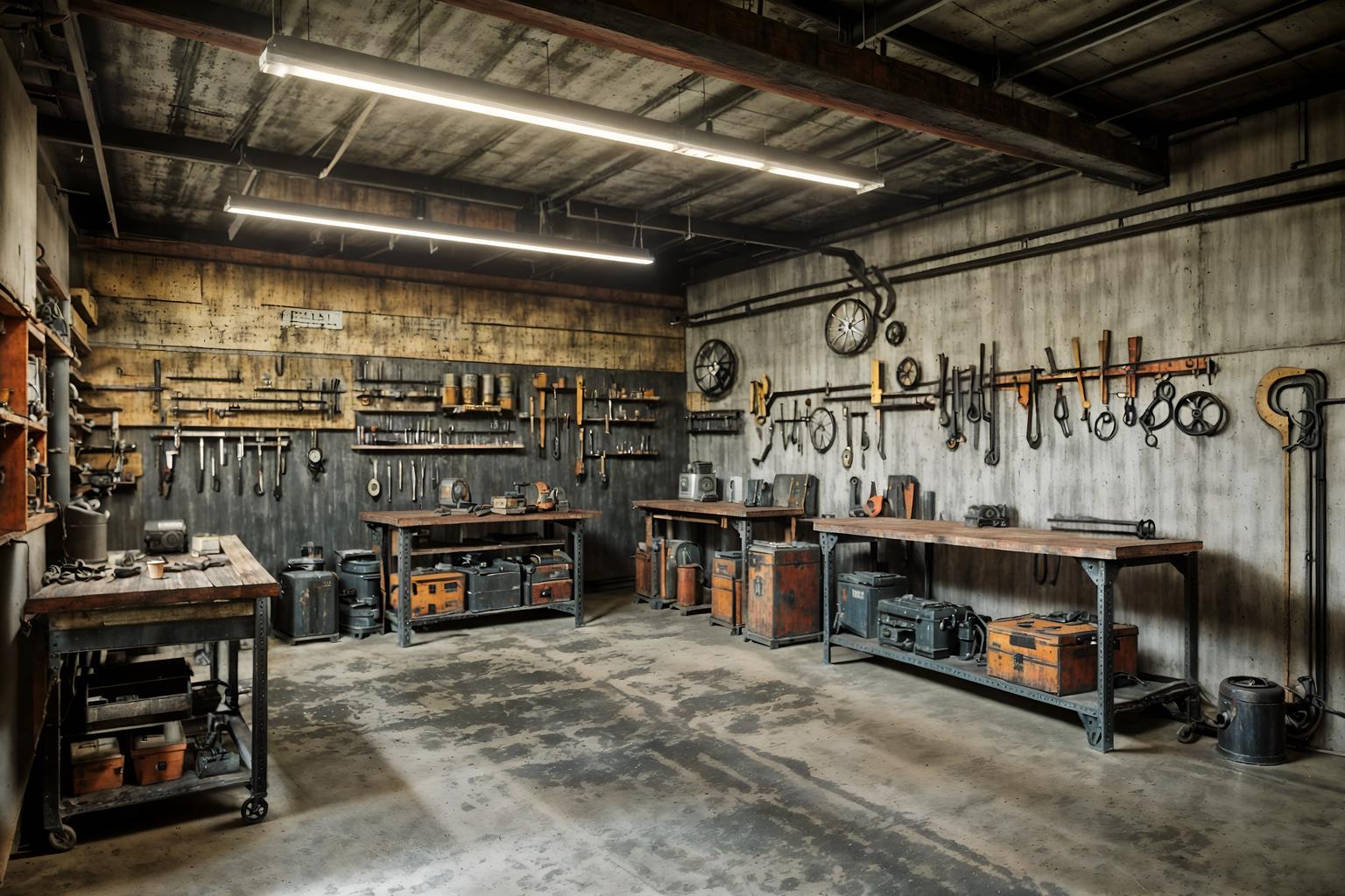 industrial-style (workshop interior) with tool wall and wooden workbench and messy and tool wall. . with utilitarian objects and exposed concrete and metal panels and neutral tones and factory style and exposed brick and reclaimed wood and exposed rafters. . cinematic photo, highly detailed, cinematic lighting, ultra-detailed, ultrarealistic, photorealism, 8k. industrial interior design style. masterpiece, cinematic light, ultrarealistic+, photorealistic+, 8k, raw photo, realistic, sharp focus on eyes, (symmetrical eyes), (intact eyes), hyperrealistic, highest quality, best quality, , highly detailed, masterpiece, best quality, extremely detailed 8k wallpaper, masterpiece, best quality, ultra-detailed, best shadow, detailed background, detailed face, detailed eyes, high contrast, best illumination, detailed face, dulux, caustic, dynamic angle, detailed glow. dramatic lighting. highly detailed, insanely detailed hair, symmetrical, intricate details, professionally retouched, 8k high definition. strong bokeh. award winning photo.