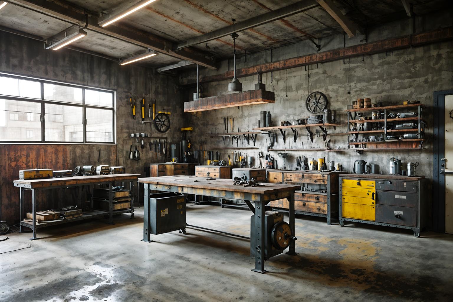 industrial-style (workshop interior) with tool wall and wooden workbench and messy and tool wall. . with utilitarian objects and exposed concrete and metal panels and neutral tones and factory style and exposed brick and reclaimed wood and exposed rafters. . cinematic photo, highly detailed, cinematic lighting, ultra-detailed, ultrarealistic, photorealism, 8k. industrial interior design style. masterpiece, cinematic light, ultrarealistic+, photorealistic+, 8k, raw photo, realistic, sharp focus on eyes, (symmetrical eyes), (intact eyes), hyperrealistic, highest quality, best quality, , highly detailed, masterpiece, best quality, extremely detailed 8k wallpaper, masterpiece, best quality, ultra-detailed, best shadow, detailed background, detailed face, detailed eyes, high contrast, best illumination, detailed face, dulux, caustic, dynamic angle, detailed glow. dramatic lighting. highly detailed, insanely detailed hair, symmetrical, intricate details, professionally retouched, 8k high definition. strong bokeh. award winning photo.