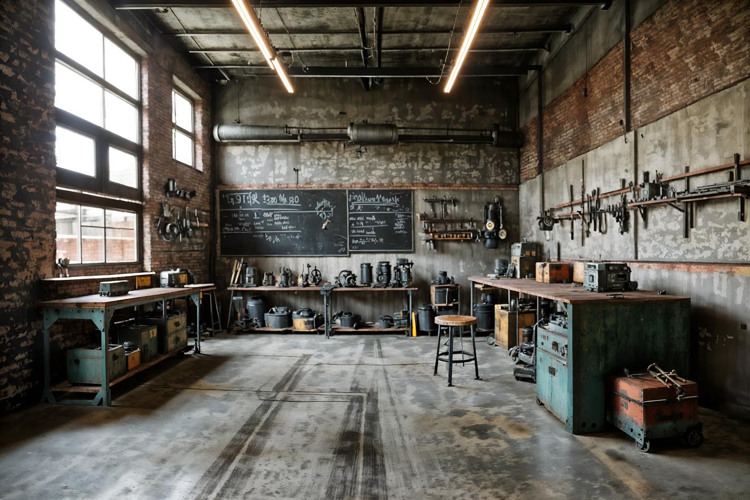 industrial-style (workshop interior) with tool wall and wooden workbench and messy and tool wall. . with utilitarian objects and exposed concrete and metal panels and neutral tones and factory style and exposed brick and reclaimed wood and exposed rafters. . cinematic photo, highly detailed, cinematic lighting, ultra-detailed, ultrarealistic, photorealism, 8k. industrial interior design style. masterpiece, cinematic light, ultrarealistic+, photorealistic+, 8k, raw photo, realistic, sharp focus on eyes, (symmetrical eyes), (intact eyes), hyperrealistic, highest quality, best quality, , highly detailed, masterpiece, best quality, extremely detailed 8k wallpaper, masterpiece, best quality, ultra-detailed, best shadow, detailed background, detailed face, detailed eyes, high contrast, best illumination, detailed face, dulux, caustic, dynamic angle, detailed glow. dramatic lighting. highly detailed, insanely detailed hair, symmetrical, intricate details, professionally retouched, 8k high definition. strong bokeh. award winning photo.