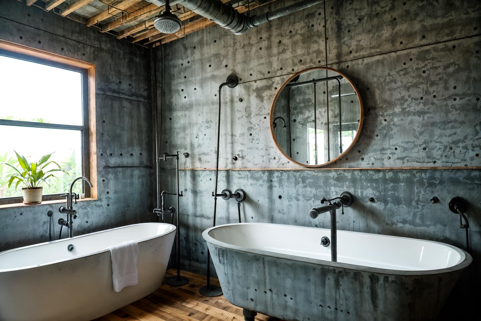 industrial-style (bathroom interior) with bathtub and waste basket and toilet seat and mirror and plant and bath rail and shower and bathroom sink with faucet. . with exposed concrete and exposed brick and exposed rafters and neutral tones and reclaimed wood and utilitarian objects and open floorplan and metal panels. . cinematic photo, highly detailed, cinematic lighting, ultra-detailed, ultrarealistic, photorealism, 8k. industrial interior design style. masterpiece, cinematic light, ultrarealistic+, photorealistic+, 8k, raw photo, realistic, sharp focus on eyes, (symmetrical eyes), (intact eyes), hyperrealistic, highest quality, best quality, , highly detailed, masterpiece, best quality, extremely detailed 8k wallpaper, masterpiece, best quality, ultra-detailed, best shadow, detailed background, detailed face, detailed eyes, high contrast, best illumination, detailed face, dulux, caustic, dynamic angle, detailed glow. dramatic lighting. highly detailed, insanely detailed hair, symmetrical, intricate details, professionally retouched, 8k high definition. strong bokeh. award winning photo.