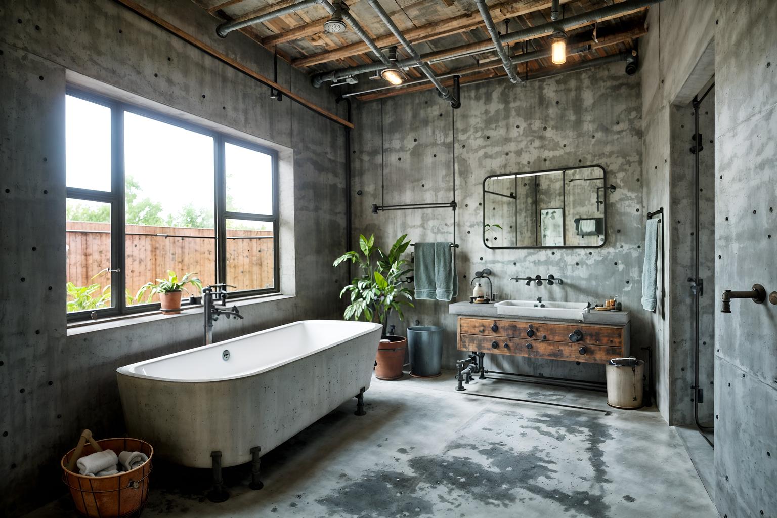 industrial-style (bathroom interior) with bathtub and waste basket and toilet seat and mirror and plant and bath rail and shower and bathroom sink with faucet. . with exposed concrete and exposed brick and exposed rafters and neutral tones and reclaimed wood and utilitarian objects and open floorplan and metal panels. . cinematic photo, highly detailed, cinematic lighting, ultra-detailed, ultrarealistic, photorealism, 8k. industrial interior design style. masterpiece, cinematic light, ultrarealistic+, photorealistic+, 8k, raw photo, realistic, sharp focus on eyes, (symmetrical eyes), (intact eyes), hyperrealistic, highest quality, best quality, , highly detailed, masterpiece, best quality, extremely detailed 8k wallpaper, masterpiece, best quality, ultra-detailed, best shadow, detailed background, detailed face, detailed eyes, high contrast, best illumination, detailed face, dulux, caustic, dynamic angle, detailed glow. dramatic lighting. highly detailed, insanely detailed hair, symmetrical, intricate details, professionally retouched, 8k high definition. strong bokeh. award winning photo.