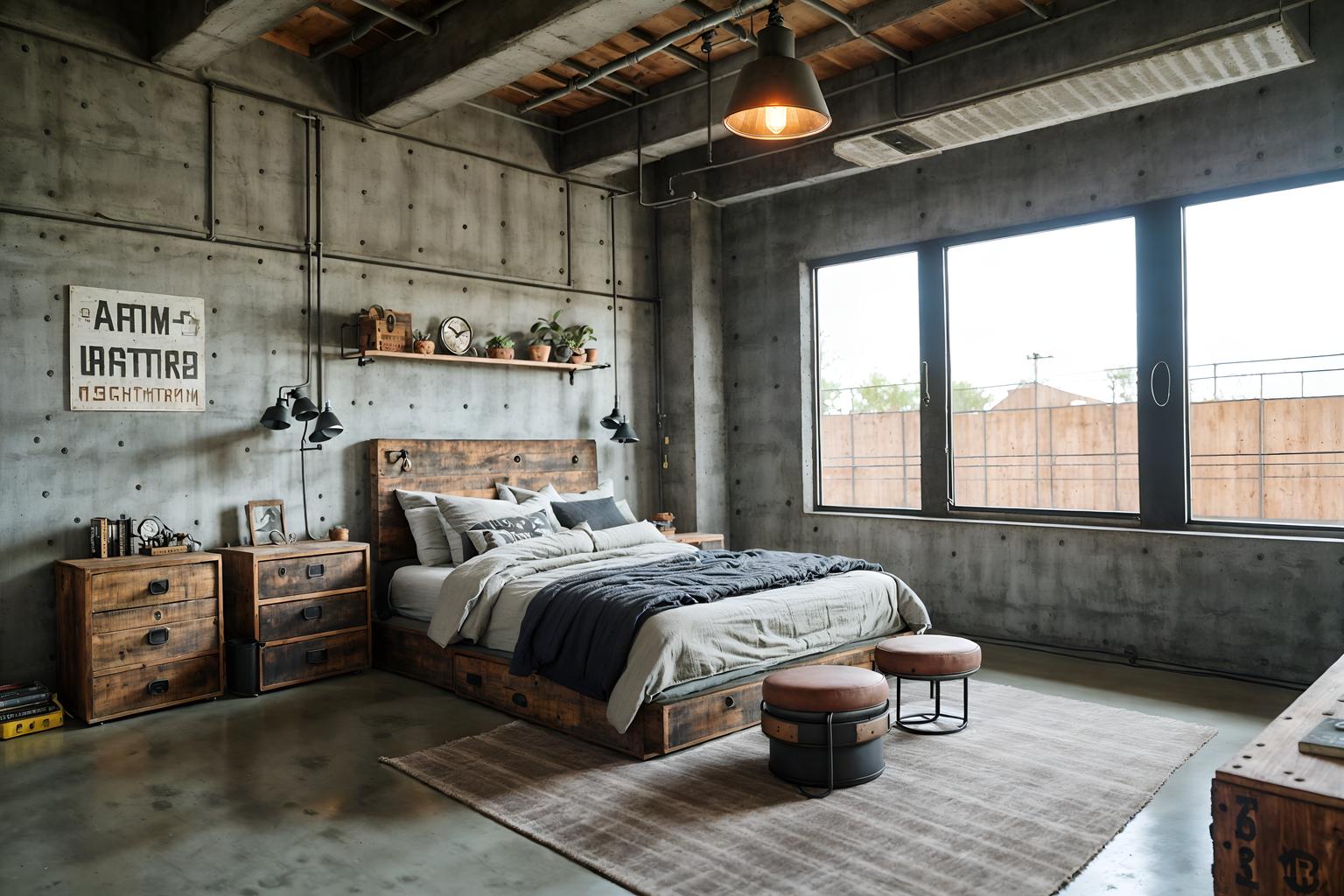 industrial-style (kids room interior) with bed and accent chair and plant and kids desk and storage bench or ottoman and headboard and mirror and night light. . with factory style and open floorplan and exposed concrete and utilitarian objects and exposed rafters and neutral tones and reclaimed wood and raw aesthetic. . cinematic photo, highly detailed, cinematic lighting, ultra-detailed, ultrarealistic, photorealism, 8k. industrial interior design style. masterpiece, cinematic light, ultrarealistic+, photorealistic+, 8k, raw photo, realistic, sharp focus on eyes, (symmetrical eyes), (intact eyes), hyperrealistic, highest quality, best quality, , highly detailed, masterpiece, best quality, extremely detailed 8k wallpaper, masterpiece, best quality, ultra-detailed, best shadow, detailed background, detailed face, detailed eyes, high contrast, best illumination, detailed face, dulux, caustic, dynamic angle, detailed glow. dramatic lighting. highly detailed, insanely detailed hair, symmetrical, intricate details, professionally retouched, 8k high definition. strong bokeh. award winning photo.