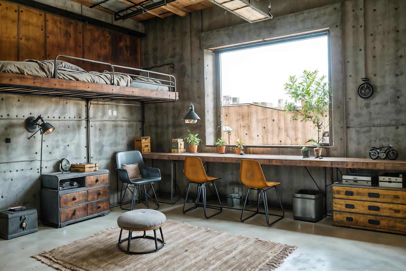 industrial-style (kids room interior) with bed and accent chair and plant and kids desk and storage bench or ottoman and headboard and mirror and night light. . with factory style and open floorplan and exposed concrete and utilitarian objects and exposed rafters and neutral tones and reclaimed wood and raw aesthetic. . cinematic photo, highly detailed, cinematic lighting, ultra-detailed, ultrarealistic, photorealism, 8k. industrial interior design style. masterpiece, cinematic light, ultrarealistic+, photorealistic+, 8k, raw photo, realistic, sharp focus on eyes, (symmetrical eyes), (intact eyes), hyperrealistic, highest quality, best quality, , highly detailed, masterpiece, best quality, extremely detailed 8k wallpaper, masterpiece, best quality, ultra-detailed, best shadow, detailed background, detailed face, detailed eyes, high contrast, best illumination, detailed face, dulux, caustic, dynamic angle, detailed glow. dramatic lighting. highly detailed, insanely detailed hair, symmetrical, intricate details, professionally retouched, 8k high definition. strong bokeh. award winning photo.