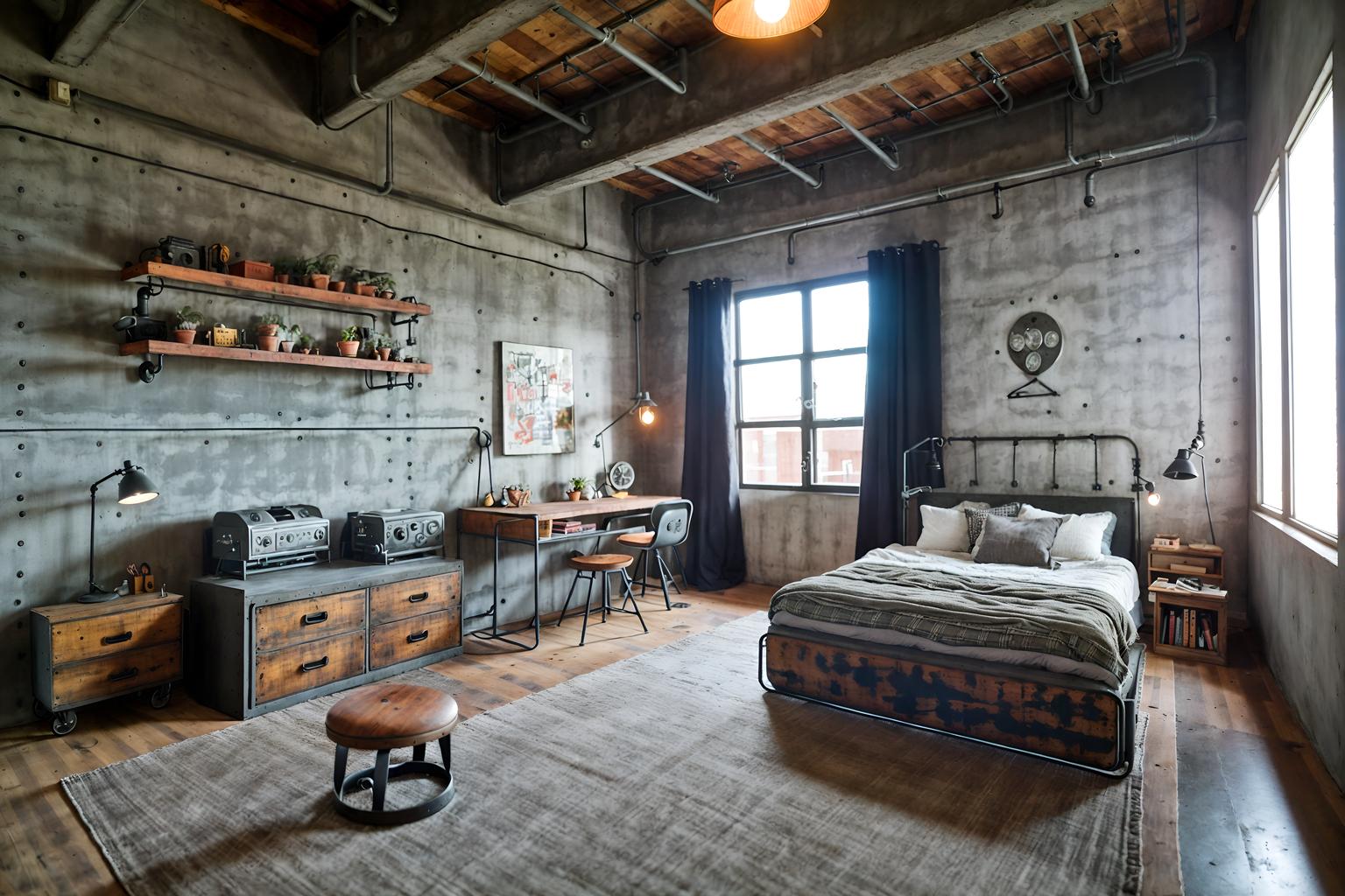 industrial-style (kids room interior) with bed and accent chair and plant and kids desk and storage bench or ottoman and headboard and mirror and night light. . with factory style and open floorplan and exposed concrete and utilitarian objects and exposed rafters and neutral tones and reclaimed wood and raw aesthetic. . cinematic photo, highly detailed, cinematic lighting, ultra-detailed, ultrarealistic, photorealism, 8k. industrial interior design style. masterpiece, cinematic light, ultrarealistic+, photorealistic+, 8k, raw photo, realistic, sharp focus on eyes, (symmetrical eyes), (intact eyes), hyperrealistic, highest quality, best quality, , highly detailed, masterpiece, best quality, extremely detailed 8k wallpaper, masterpiece, best quality, ultra-detailed, best shadow, detailed background, detailed face, detailed eyes, high contrast, best illumination, detailed face, dulux, caustic, dynamic angle, detailed glow. dramatic lighting. highly detailed, insanely detailed hair, symmetrical, intricate details, professionally retouched, 8k high definition. strong bokeh. award winning photo.