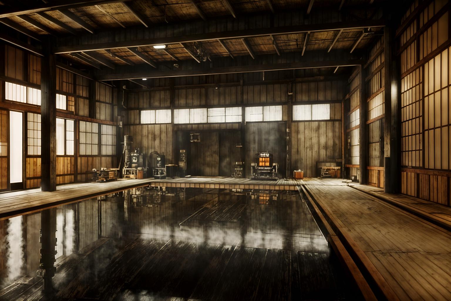 industrial-style (onsen interior) . with factory style and exposed rafters and reclaimed wood and utilitarian objects and open floorplan and metal panels and raw aesthetic and neutral tones. . cinematic photo, highly detailed, cinematic lighting, ultra-detailed, ultrarealistic, photorealism, 8k. industrial interior design style. masterpiece, cinematic light, ultrarealistic+, photorealistic+, 8k, raw photo, realistic, sharp focus on eyes, (symmetrical eyes), (intact eyes), hyperrealistic, highest quality, best quality, , highly detailed, masterpiece, best quality, extremely detailed 8k wallpaper, masterpiece, best quality, ultra-detailed, best shadow, detailed background, detailed face, detailed eyes, high contrast, best illumination, detailed face, dulux, caustic, dynamic angle, detailed glow. dramatic lighting. highly detailed, insanely detailed hair, symmetrical, intricate details, professionally retouched, 8k high definition. strong bokeh. award winning photo.