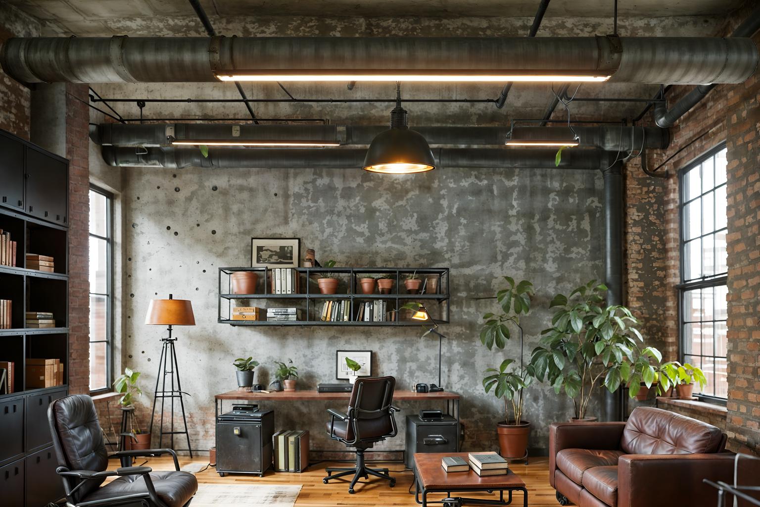 industrial-style (study room interior) with office chair and desk lamp and cabinets and writing desk and plant and bookshelves and lounge chair and office chair. . with exposed brick and factory style and exposed concrete and open floorplan and metal panels and utilitarian objects and raw aesthetic and exposed rafters. . cinematic photo, highly detailed, cinematic lighting, ultra-detailed, ultrarealistic, photorealism, 8k. industrial interior design style. masterpiece, cinematic light, ultrarealistic+, photorealistic+, 8k, raw photo, realistic, sharp focus on eyes, (symmetrical eyes), (intact eyes), hyperrealistic, highest quality, best quality, , highly detailed, masterpiece, best quality, extremely detailed 8k wallpaper, masterpiece, best quality, ultra-detailed, best shadow, detailed background, detailed face, detailed eyes, high contrast, best illumination, detailed face, dulux, caustic, dynamic angle, detailed glow. dramatic lighting. highly detailed, insanely detailed hair, symmetrical, intricate details, professionally retouched, 8k high definition. strong bokeh. award winning photo.