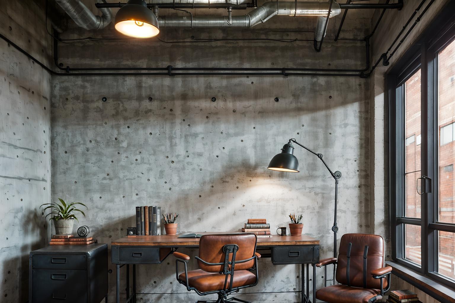 industrial-style (study room interior) with office chair and desk lamp and cabinets and writing desk and plant and bookshelves and lounge chair and office chair. . with exposed brick and factory style and exposed concrete and open floorplan and metal panels and utilitarian objects and raw aesthetic and exposed rafters. . cinematic photo, highly detailed, cinematic lighting, ultra-detailed, ultrarealistic, photorealism, 8k. industrial interior design style. masterpiece, cinematic light, ultrarealistic+, photorealistic+, 8k, raw photo, realistic, sharp focus on eyes, (symmetrical eyes), (intact eyes), hyperrealistic, highest quality, best quality, , highly detailed, masterpiece, best quality, extremely detailed 8k wallpaper, masterpiece, best quality, ultra-detailed, best shadow, detailed background, detailed face, detailed eyes, high contrast, best illumination, detailed face, dulux, caustic, dynamic angle, detailed glow. dramatic lighting. highly detailed, insanely detailed hair, symmetrical, intricate details, professionally retouched, 8k high definition. strong bokeh. award winning photo.