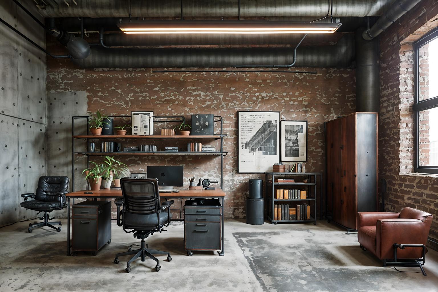 industrial-style (study room interior) with office chair and desk lamp and cabinets and writing desk and plant and bookshelves and lounge chair and office chair. . with exposed brick and factory style and exposed concrete and open floorplan and metal panels and utilitarian objects and raw aesthetic and exposed rafters. . cinematic photo, highly detailed, cinematic lighting, ultra-detailed, ultrarealistic, photorealism, 8k. industrial interior design style. masterpiece, cinematic light, ultrarealistic+, photorealistic+, 8k, raw photo, realistic, sharp focus on eyes, (symmetrical eyes), (intact eyes), hyperrealistic, highest quality, best quality, , highly detailed, masterpiece, best quality, extremely detailed 8k wallpaper, masterpiece, best quality, ultra-detailed, best shadow, detailed background, detailed face, detailed eyes, high contrast, best illumination, detailed face, dulux, caustic, dynamic angle, detailed glow. dramatic lighting. highly detailed, insanely detailed hair, symmetrical, intricate details, professionally retouched, 8k high definition. strong bokeh. award winning photo.