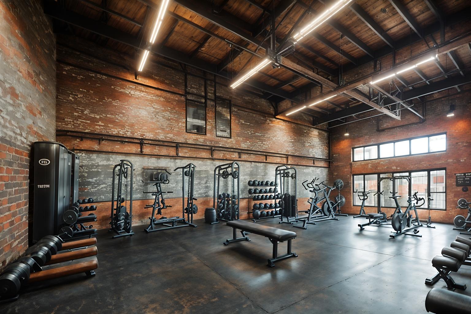 industrial-style (fitness gym interior) with exercise bicycle and dumbbell stand and squat rack and crosstrainer and bench press and exercise bicycle. . with exposed rafters and raw aesthetic and exposed brick and reclaimed wood and factory style and open floorplan and utilitarian objects and metal panels. . cinematic photo, highly detailed, cinematic lighting, ultra-detailed, ultrarealistic, photorealism, 8k. industrial interior design style. masterpiece, cinematic light, ultrarealistic+, photorealistic+, 8k, raw photo, realistic, sharp focus on eyes, (symmetrical eyes), (intact eyes), hyperrealistic, highest quality, best quality, , highly detailed, masterpiece, best quality, extremely detailed 8k wallpaper, masterpiece, best quality, ultra-detailed, best shadow, detailed background, detailed face, detailed eyes, high contrast, best illumination, detailed face, dulux, caustic, dynamic angle, detailed glow. dramatic lighting. highly detailed, insanely detailed hair, symmetrical, intricate details, professionally retouched, 8k high definition. strong bokeh. award winning photo.