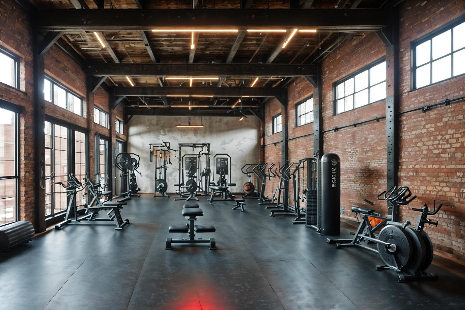 industrial-style (fitness gym interior) with exercise bicycle and dumbbell stand and squat rack and crosstrainer and bench press and exercise bicycle. . with exposed rafters and raw aesthetic and exposed brick and reclaimed wood and factory style and open floorplan and utilitarian objects and metal panels. . cinematic photo, highly detailed, cinematic lighting, ultra-detailed, ultrarealistic, photorealism, 8k. industrial interior design style. masterpiece, cinematic light, ultrarealistic+, photorealistic+, 8k, raw photo, realistic, sharp focus on eyes, (symmetrical eyes), (intact eyes), hyperrealistic, highest quality, best quality, , highly detailed, masterpiece, best quality, extremely detailed 8k wallpaper, masterpiece, best quality, ultra-detailed, best shadow, detailed background, detailed face, detailed eyes, high contrast, best illumination, detailed face, dulux, caustic, dynamic angle, detailed glow. dramatic lighting. highly detailed, insanely detailed hair, symmetrical, intricate details, professionally retouched, 8k high definition. strong bokeh. award winning photo.