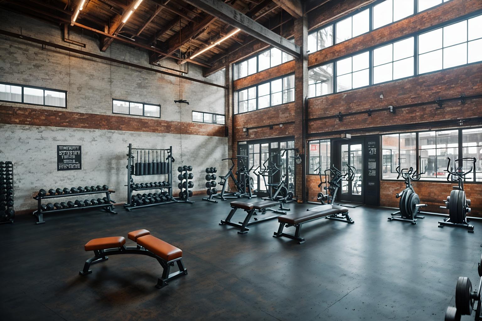 industrial-style (fitness gym interior) with exercise bicycle and dumbbell stand and squat rack and crosstrainer and bench press and exercise bicycle. . with exposed rafters and raw aesthetic and exposed brick and reclaimed wood and factory style and open floorplan and utilitarian objects and metal panels. . cinematic photo, highly detailed, cinematic lighting, ultra-detailed, ultrarealistic, photorealism, 8k. industrial interior design style. masterpiece, cinematic light, ultrarealistic+, photorealistic+, 8k, raw photo, realistic, sharp focus on eyes, (symmetrical eyes), (intact eyes), hyperrealistic, highest quality, best quality, , highly detailed, masterpiece, best quality, extremely detailed 8k wallpaper, masterpiece, best quality, ultra-detailed, best shadow, detailed background, detailed face, detailed eyes, high contrast, best illumination, detailed face, dulux, caustic, dynamic angle, detailed glow. dramatic lighting. highly detailed, insanely detailed hair, symmetrical, intricate details, professionally retouched, 8k high definition. strong bokeh. award winning photo.