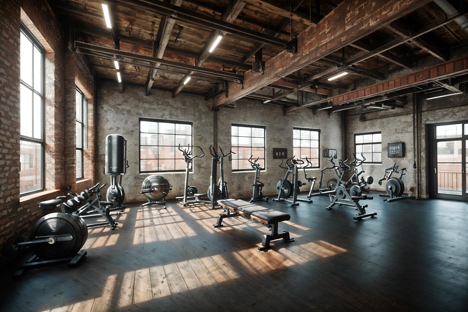 industrial-style (fitness gym interior) with exercise bicycle and dumbbell stand and squat rack and crosstrainer and bench press and exercise bicycle. . with exposed rafters and raw aesthetic and exposed brick and reclaimed wood and factory style and open floorplan and utilitarian objects and metal panels. . cinematic photo, highly detailed, cinematic lighting, ultra-detailed, ultrarealistic, photorealism, 8k. industrial interior design style. masterpiece, cinematic light, ultrarealistic+, photorealistic+, 8k, raw photo, realistic, sharp focus on eyes, (symmetrical eyes), (intact eyes), hyperrealistic, highest quality, best quality, , highly detailed, masterpiece, best quality, extremely detailed 8k wallpaper, masterpiece, best quality, ultra-detailed, best shadow, detailed background, detailed face, detailed eyes, high contrast, best illumination, detailed face, dulux, caustic, dynamic angle, detailed glow. dramatic lighting. highly detailed, insanely detailed hair, symmetrical, intricate details, professionally retouched, 8k high definition. strong bokeh. award winning photo.