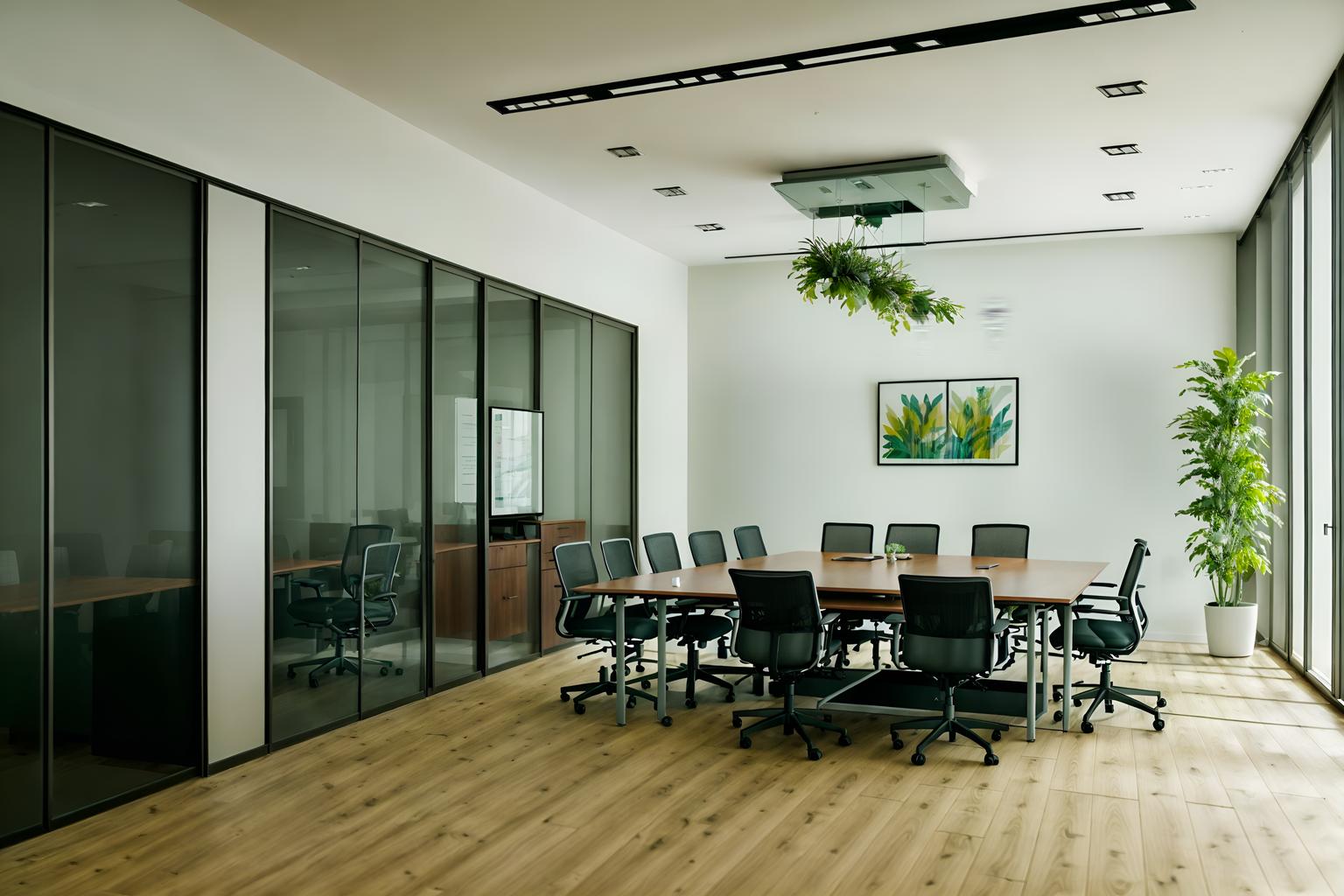 eco-friendly-style (meeting room interior) with plant and office chairs and painting or photo on wall and glass walls and glass doors and cabinets and boardroom table and vase. . . cinematic photo, highly detailed, cinematic lighting, ultra-detailed, ultrarealistic, photorealism, 8k. eco-friendly interior design style. masterpiece, cinematic light, ultrarealistic+, photorealistic+, 8k, raw photo, realistic, sharp focus on eyes, (symmetrical eyes), (intact eyes), hyperrealistic, highest quality, best quality, , highly detailed, masterpiece, best quality, extremely detailed 8k wallpaper, masterpiece, best quality, ultra-detailed, best shadow, detailed background, detailed face, detailed eyes, high contrast, best illumination, detailed face, dulux, caustic, dynamic angle, detailed glow. dramatic lighting. highly detailed, insanely detailed hair, symmetrical, intricate details, professionally retouched, 8k high definition. strong bokeh. award winning photo.