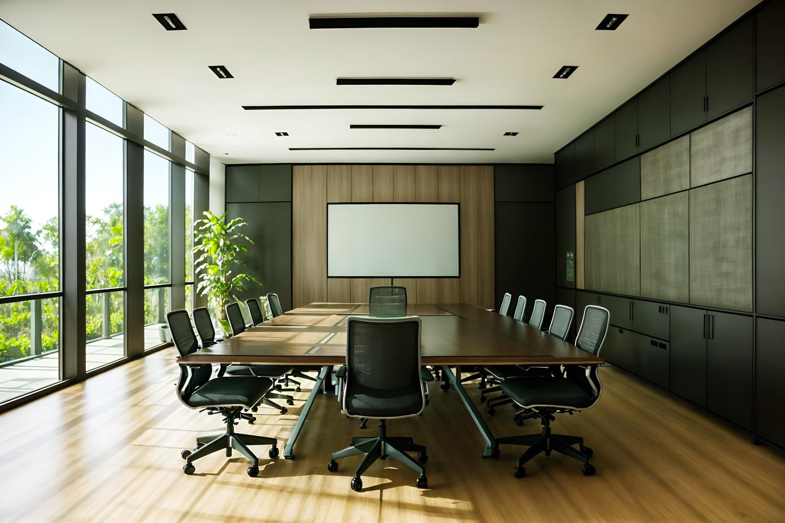 eco-friendly-style (meeting room interior) with plant and office chairs and painting or photo on wall and glass walls and glass doors and cabinets and boardroom table and vase. . . cinematic photo, highly detailed, cinematic lighting, ultra-detailed, ultrarealistic, photorealism, 8k. eco-friendly interior design style. masterpiece, cinematic light, ultrarealistic+, photorealistic+, 8k, raw photo, realistic, sharp focus on eyes, (symmetrical eyes), (intact eyes), hyperrealistic, highest quality, best quality, , highly detailed, masterpiece, best quality, extremely detailed 8k wallpaper, masterpiece, best quality, ultra-detailed, best shadow, detailed background, detailed face, detailed eyes, high contrast, best illumination, detailed face, dulux, caustic, dynamic angle, detailed glow. dramatic lighting. highly detailed, insanely detailed hair, symmetrical, intricate details, professionally retouched, 8k high definition. strong bokeh. award winning photo.