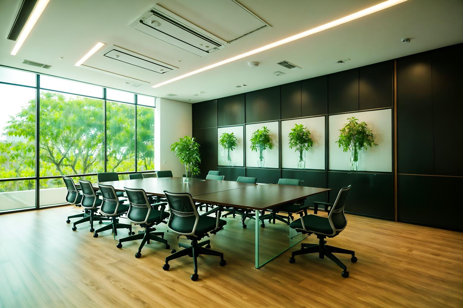 eco-friendly-style (meeting room interior) with plant and office chairs and painting or photo on wall and glass walls and glass doors and cabinets and boardroom table and vase. . . cinematic photo, highly detailed, cinematic lighting, ultra-detailed, ultrarealistic, photorealism, 8k. eco-friendly interior design style. masterpiece, cinematic light, ultrarealistic+, photorealistic+, 8k, raw photo, realistic, sharp focus on eyes, (symmetrical eyes), (intact eyes), hyperrealistic, highest quality, best quality, , highly detailed, masterpiece, best quality, extremely detailed 8k wallpaper, masterpiece, best quality, ultra-detailed, best shadow, detailed background, detailed face, detailed eyes, high contrast, best illumination, detailed face, dulux, caustic, dynamic angle, detailed glow. dramatic lighting. highly detailed, insanely detailed hair, symmetrical, intricate details, professionally retouched, 8k high definition. strong bokeh. award winning photo.