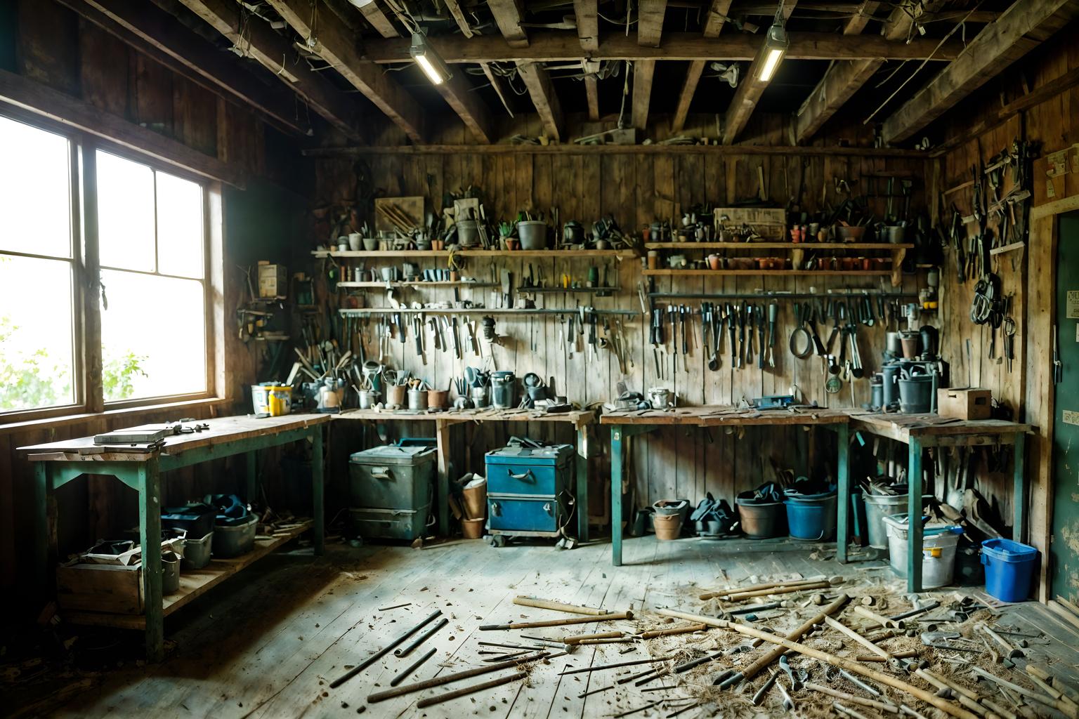 eco-friendly-style (workshop interior) with messy and tool wall and wooden workbench and messy. . . cinematic photo, highly detailed, cinematic lighting, ultra-detailed, ultrarealistic, photorealism, 8k. eco-friendly interior design style. masterpiece, cinematic light, ultrarealistic+, photorealistic+, 8k, raw photo, realistic, sharp focus on eyes, (symmetrical eyes), (intact eyes), hyperrealistic, highest quality, best quality, , highly detailed, masterpiece, best quality, extremely detailed 8k wallpaper, masterpiece, best quality, ultra-detailed, best shadow, detailed background, detailed face, detailed eyes, high contrast, best illumination, detailed face, dulux, caustic, dynamic angle, detailed glow. dramatic lighting. highly detailed, insanely detailed hair, symmetrical, intricate details, professionally retouched, 8k high definition. strong bokeh. award winning photo.