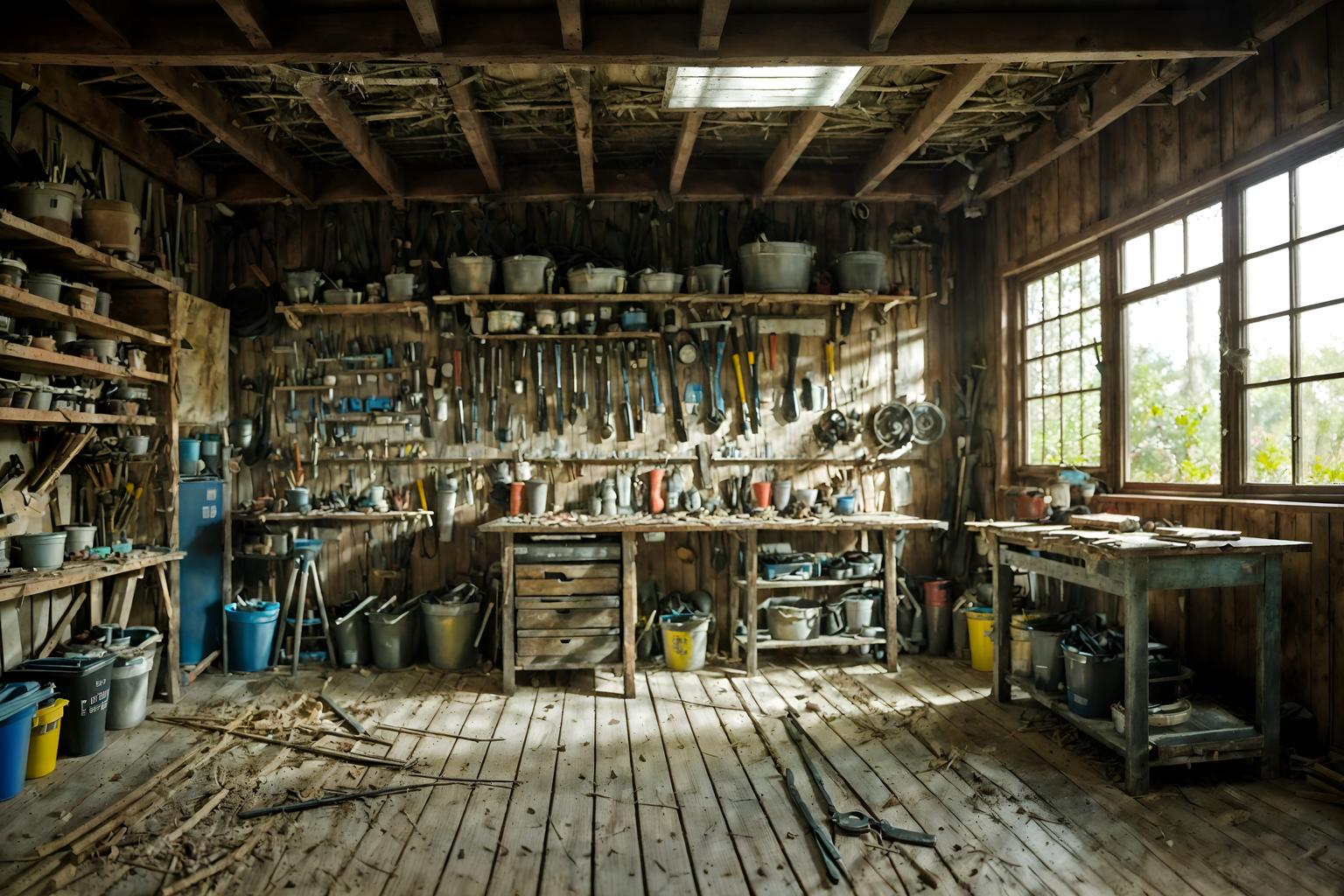 eco-friendly-style (workshop interior) with messy and tool wall and wooden workbench and messy. . . cinematic photo, highly detailed, cinematic lighting, ultra-detailed, ultrarealistic, photorealism, 8k. eco-friendly interior design style. masterpiece, cinematic light, ultrarealistic+, photorealistic+, 8k, raw photo, realistic, sharp focus on eyes, (symmetrical eyes), (intact eyes), hyperrealistic, highest quality, best quality, , highly detailed, masterpiece, best quality, extremely detailed 8k wallpaper, masterpiece, best quality, ultra-detailed, best shadow, detailed background, detailed face, detailed eyes, high contrast, best illumination, detailed face, dulux, caustic, dynamic angle, detailed glow. dramatic lighting. highly detailed, insanely detailed hair, symmetrical, intricate details, professionally retouched, 8k high definition. strong bokeh. award winning photo.