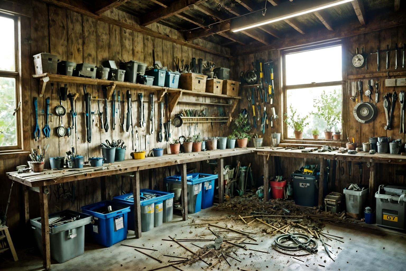 eco-friendly-style (workshop interior) with messy and tool wall and wooden workbench and messy. . . cinematic photo, highly detailed, cinematic lighting, ultra-detailed, ultrarealistic, photorealism, 8k. eco-friendly interior design style. masterpiece, cinematic light, ultrarealistic+, photorealistic+, 8k, raw photo, realistic, sharp focus on eyes, (symmetrical eyes), (intact eyes), hyperrealistic, highest quality, best quality, , highly detailed, masterpiece, best quality, extremely detailed 8k wallpaper, masterpiece, best quality, ultra-detailed, best shadow, detailed background, detailed face, detailed eyes, high contrast, best illumination, detailed face, dulux, caustic, dynamic angle, detailed glow. dramatic lighting. highly detailed, insanely detailed hair, symmetrical, intricate details, professionally retouched, 8k high definition. strong bokeh. award winning photo.