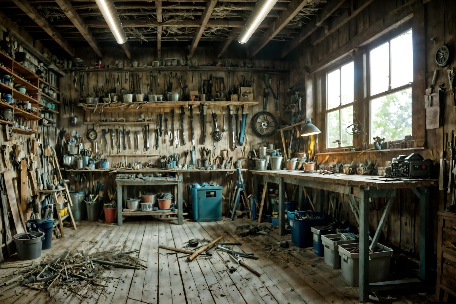 eco-friendly-style (workshop interior) with messy and tool wall and wooden workbench and messy. . . cinematic photo, highly detailed, cinematic lighting, ultra-detailed, ultrarealistic, photorealism, 8k. eco-friendly interior design style. masterpiece, cinematic light, ultrarealistic+, photorealistic+, 8k, raw photo, realistic, sharp focus on eyes, (symmetrical eyes), (intact eyes), hyperrealistic, highest quality, best quality, , highly detailed, masterpiece, best quality, extremely detailed 8k wallpaper, masterpiece, best quality, ultra-detailed, best shadow, detailed background, detailed face, detailed eyes, high contrast, best illumination, detailed face, dulux, caustic, dynamic angle, detailed glow. dramatic lighting. highly detailed, insanely detailed hair, symmetrical, intricate details, professionally retouched, 8k high definition. strong bokeh. award winning photo.