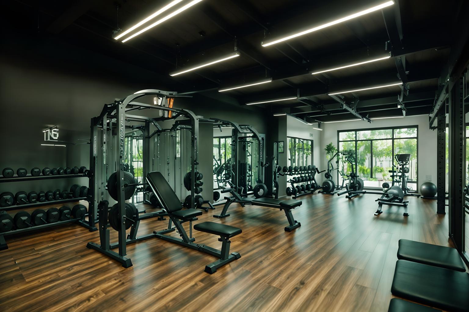 eco-friendly-style (fitness gym interior) with bench press and exercise bicycle and crosstrainer and dumbbell stand and squat rack and bench press. . . cinematic photo, highly detailed, cinematic lighting, ultra-detailed, ultrarealistic, photorealism, 8k. eco-friendly interior design style. masterpiece, cinematic light, ultrarealistic+, photorealistic+, 8k, raw photo, realistic, sharp focus on eyes, (symmetrical eyes), (intact eyes), hyperrealistic, highest quality, best quality, , highly detailed, masterpiece, best quality, extremely detailed 8k wallpaper, masterpiece, best quality, ultra-detailed, best shadow, detailed background, detailed face, detailed eyes, high contrast, best illumination, detailed face, dulux, caustic, dynamic angle, detailed glow. dramatic lighting. highly detailed, insanely detailed hair, symmetrical, intricate details, professionally retouched, 8k high definition. strong bokeh. award winning photo.