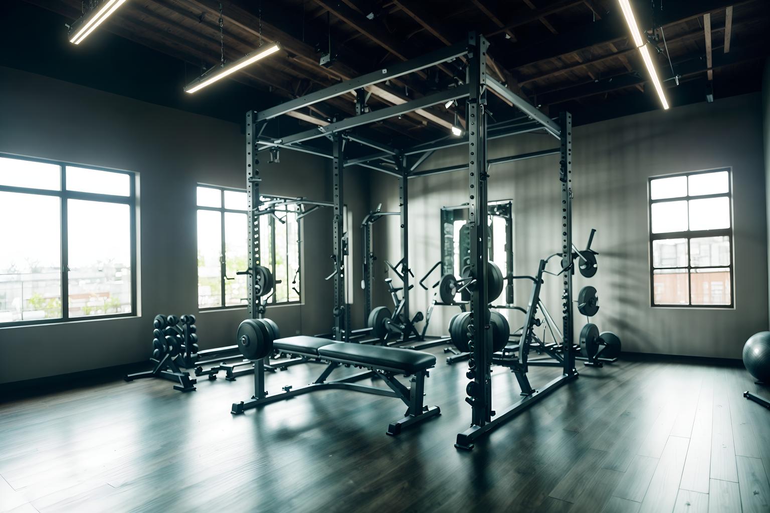eco-friendly-style (fitness gym interior) with bench press and exercise bicycle and crosstrainer and dumbbell stand and squat rack and bench press. . . cinematic photo, highly detailed, cinematic lighting, ultra-detailed, ultrarealistic, photorealism, 8k. eco-friendly interior design style. masterpiece, cinematic light, ultrarealistic+, photorealistic+, 8k, raw photo, realistic, sharp focus on eyes, (symmetrical eyes), (intact eyes), hyperrealistic, highest quality, best quality, , highly detailed, masterpiece, best quality, extremely detailed 8k wallpaper, masterpiece, best quality, ultra-detailed, best shadow, detailed background, detailed face, detailed eyes, high contrast, best illumination, detailed face, dulux, caustic, dynamic angle, detailed glow. dramatic lighting. highly detailed, insanely detailed hair, symmetrical, intricate details, professionally retouched, 8k high definition. strong bokeh. award winning photo.