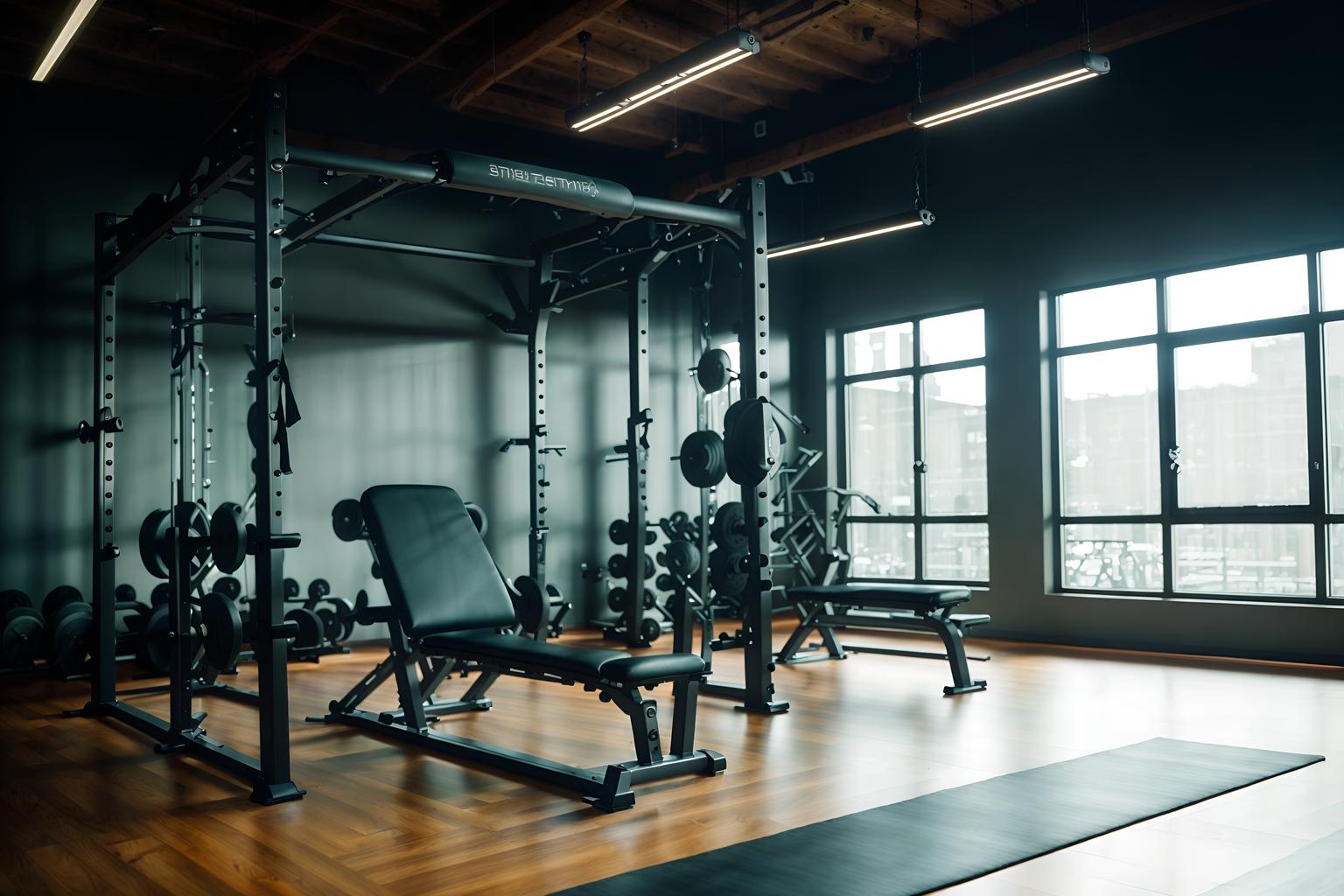 eco-friendly-style (fitness gym interior) with bench press and exercise bicycle and crosstrainer and dumbbell stand and squat rack and bench press. . . cinematic photo, highly detailed, cinematic lighting, ultra-detailed, ultrarealistic, photorealism, 8k. eco-friendly interior design style. masterpiece, cinematic light, ultrarealistic+, photorealistic+, 8k, raw photo, realistic, sharp focus on eyes, (symmetrical eyes), (intact eyes), hyperrealistic, highest quality, best quality, , highly detailed, masterpiece, best quality, extremely detailed 8k wallpaper, masterpiece, best quality, ultra-detailed, best shadow, detailed background, detailed face, detailed eyes, high contrast, best illumination, detailed face, dulux, caustic, dynamic angle, detailed glow. dramatic lighting. highly detailed, insanely detailed hair, symmetrical, intricate details, professionally retouched, 8k high definition. strong bokeh. award winning photo.