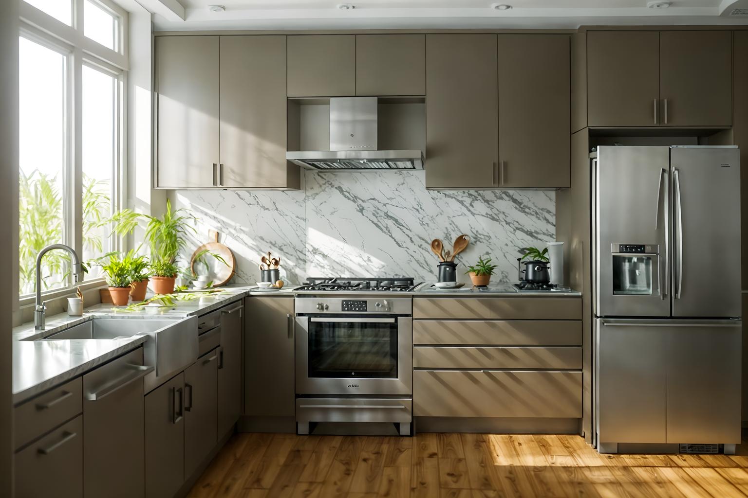 eco-friendly-style (kitchen interior) with sink and refrigerator and worktops and plant and kitchen cabinets and stove and sink. . . cinematic photo, highly detailed, cinematic lighting, ultra-detailed, ultrarealistic, photorealism, 8k. eco-friendly interior design style. masterpiece, cinematic light, ultrarealistic+, photorealistic+, 8k, raw photo, realistic, sharp focus on eyes, (symmetrical eyes), (intact eyes), hyperrealistic, highest quality, best quality, , highly detailed, masterpiece, best quality, extremely detailed 8k wallpaper, masterpiece, best quality, ultra-detailed, best shadow, detailed background, detailed face, detailed eyes, high contrast, best illumination, detailed face, dulux, caustic, dynamic angle, detailed glow. dramatic lighting. highly detailed, insanely detailed hair, symmetrical, intricate details, professionally retouched, 8k high definition. strong bokeh. award winning photo.