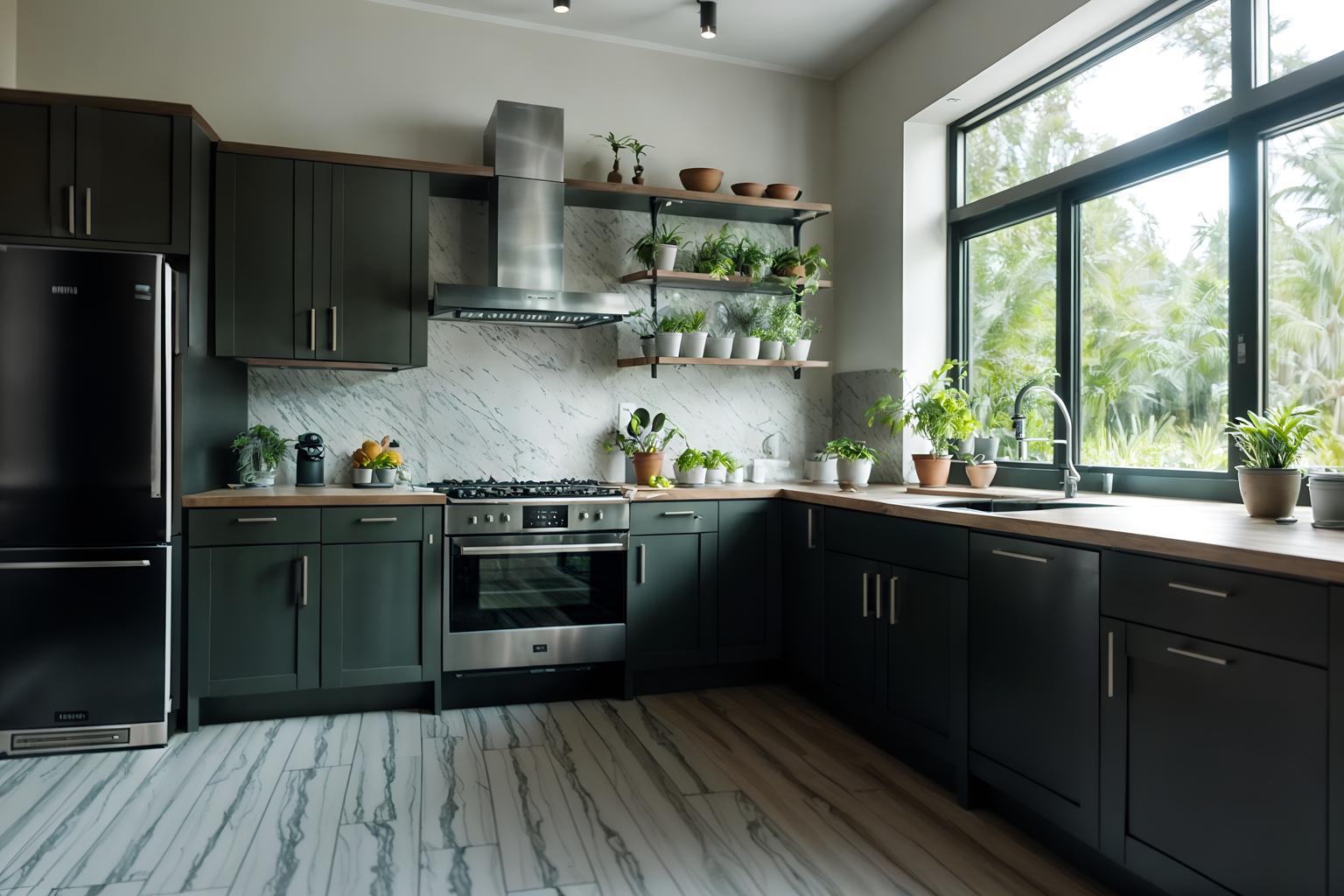 eco-friendly-style (kitchen interior) with sink and refrigerator and worktops and plant and kitchen cabinets and stove and sink. . . cinematic photo, highly detailed, cinematic lighting, ultra-detailed, ultrarealistic, photorealism, 8k. eco-friendly interior design style. masterpiece, cinematic light, ultrarealistic+, photorealistic+, 8k, raw photo, realistic, sharp focus on eyes, (symmetrical eyes), (intact eyes), hyperrealistic, highest quality, best quality, , highly detailed, masterpiece, best quality, extremely detailed 8k wallpaper, masterpiece, best quality, ultra-detailed, best shadow, detailed background, detailed face, detailed eyes, high contrast, best illumination, detailed face, dulux, caustic, dynamic angle, detailed glow. dramatic lighting. highly detailed, insanely detailed hair, symmetrical, intricate details, professionally retouched, 8k high definition. strong bokeh. award winning photo.