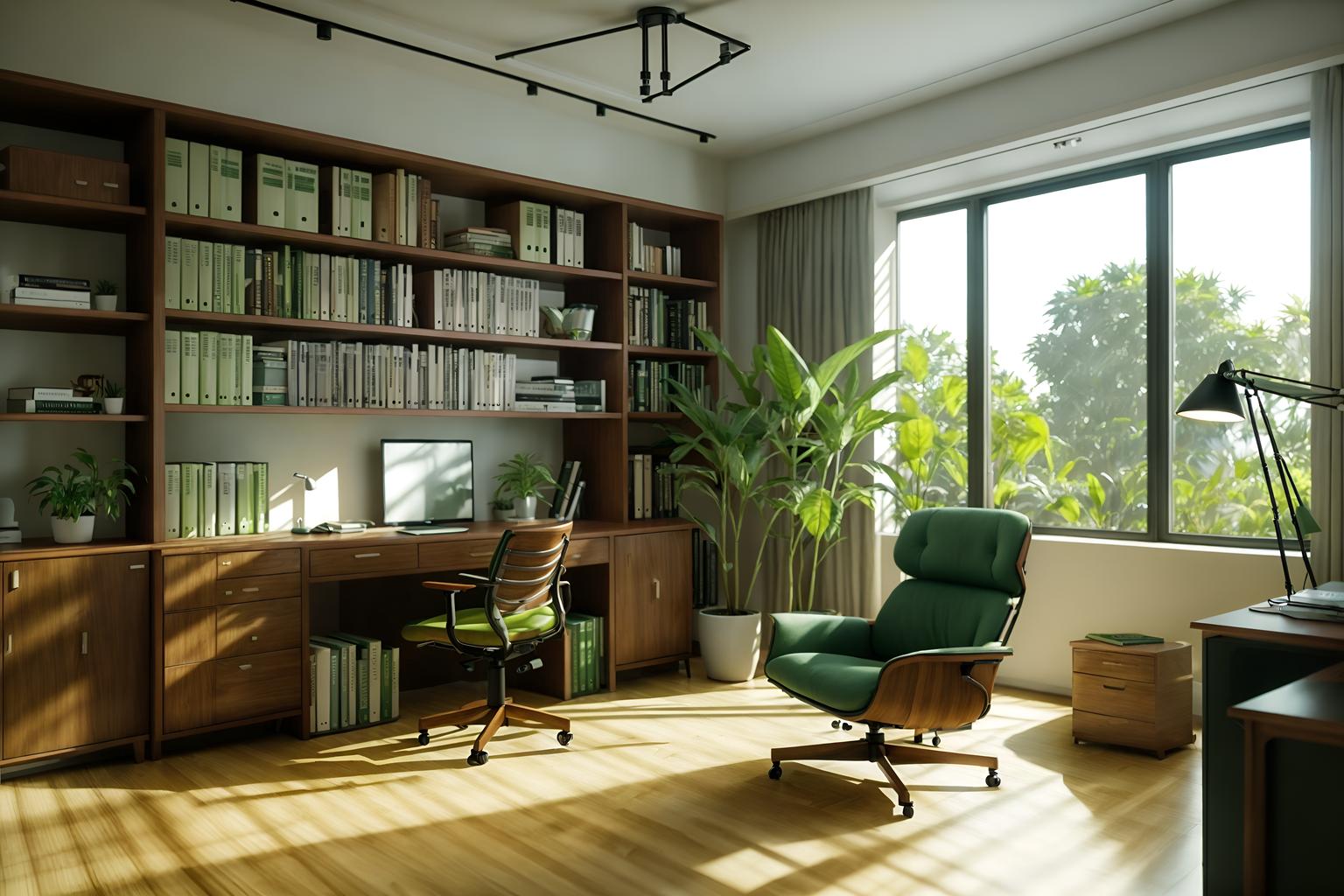 eco-friendly-style (study room interior) with plant and lounge chair and writing desk and desk lamp and bookshelves and cabinets and office chair and plant. . . cinematic photo, highly detailed, cinematic lighting, ultra-detailed, ultrarealistic, photorealism, 8k. eco-friendly interior design style. masterpiece, cinematic light, ultrarealistic+, photorealistic+, 8k, raw photo, realistic, sharp focus on eyes, (symmetrical eyes), (intact eyes), hyperrealistic, highest quality, best quality, , highly detailed, masterpiece, best quality, extremely detailed 8k wallpaper, masterpiece, best quality, ultra-detailed, best shadow, detailed background, detailed face, detailed eyes, high contrast, best illumination, detailed face, dulux, caustic, dynamic angle, detailed glow. dramatic lighting. highly detailed, insanely detailed hair, symmetrical, intricate details, professionally retouched, 8k high definition. strong bokeh. award winning photo.