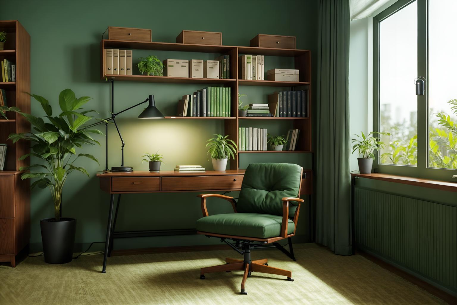 eco-friendly-style (study room interior) with plant and lounge chair and writing desk and desk lamp and bookshelves and cabinets and office chair and plant. . . cinematic photo, highly detailed, cinematic lighting, ultra-detailed, ultrarealistic, photorealism, 8k. eco-friendly interior design style. masterpiece, cinematic light, ultrarealistic+, photorealistic+, 8k, raw photo, realistic, sharp focus on eyes, (symmetrical eyes), (intact eyes), hyperrealistic, highest quality, best quality, , highly detailed, masterpiece, best quality, extremely detailed 8k wallpaper, masterpiece, best quality, ultra-detailed, best shadow, detailed background, detailed face, detailed eyes, high contrast, best illumination, detailed face, dulux, caustic, dynamic angle, detailed glow. dramatic lighting. highly detailed, insanely detailed hair, symmetrical, intricate details, professionally retouched, 8k high definition. strong bokeh. award winning photo.