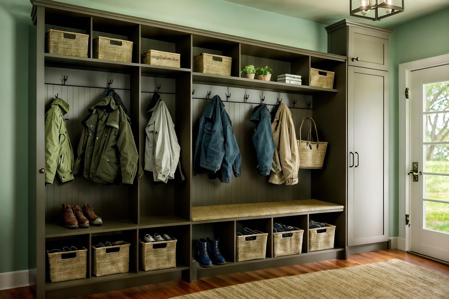 eco-friendly-style (mudroom interior) with cabinets and wall hooks for coats and storage drawers and a bench and high up storage and storage baskets and cubbies and shelves for shoes. . . cinematic photo, highly detailed, cinematic lighting, ultra-detailed, ultrarealistic, photorealism, 8k. eco-friendly interior design style. masterpiece, cinematic light, ultrarealistic+, photorealistic+, 8k, raw photo, realistic, sharp focus on eyes, (symmetrical eyes), (intact eyes), hyperrealistic, highest quality, best quality, , highly detailed, masterpiece, best quality, extremely detailed 8k wallpaper, masterpiece, best quality, ultra-detailed, best shadow, detailed background, detailed face, detailed eyes, high contrast, best illumination, detailed face, dulux, caustic, dynamic angle, detailed glow. dramatic lighting. highly detailed, insanely detailed hair, symmetrical, intricate details, professionally retouched, 8k high definition. strong bokeh. award winning photo.