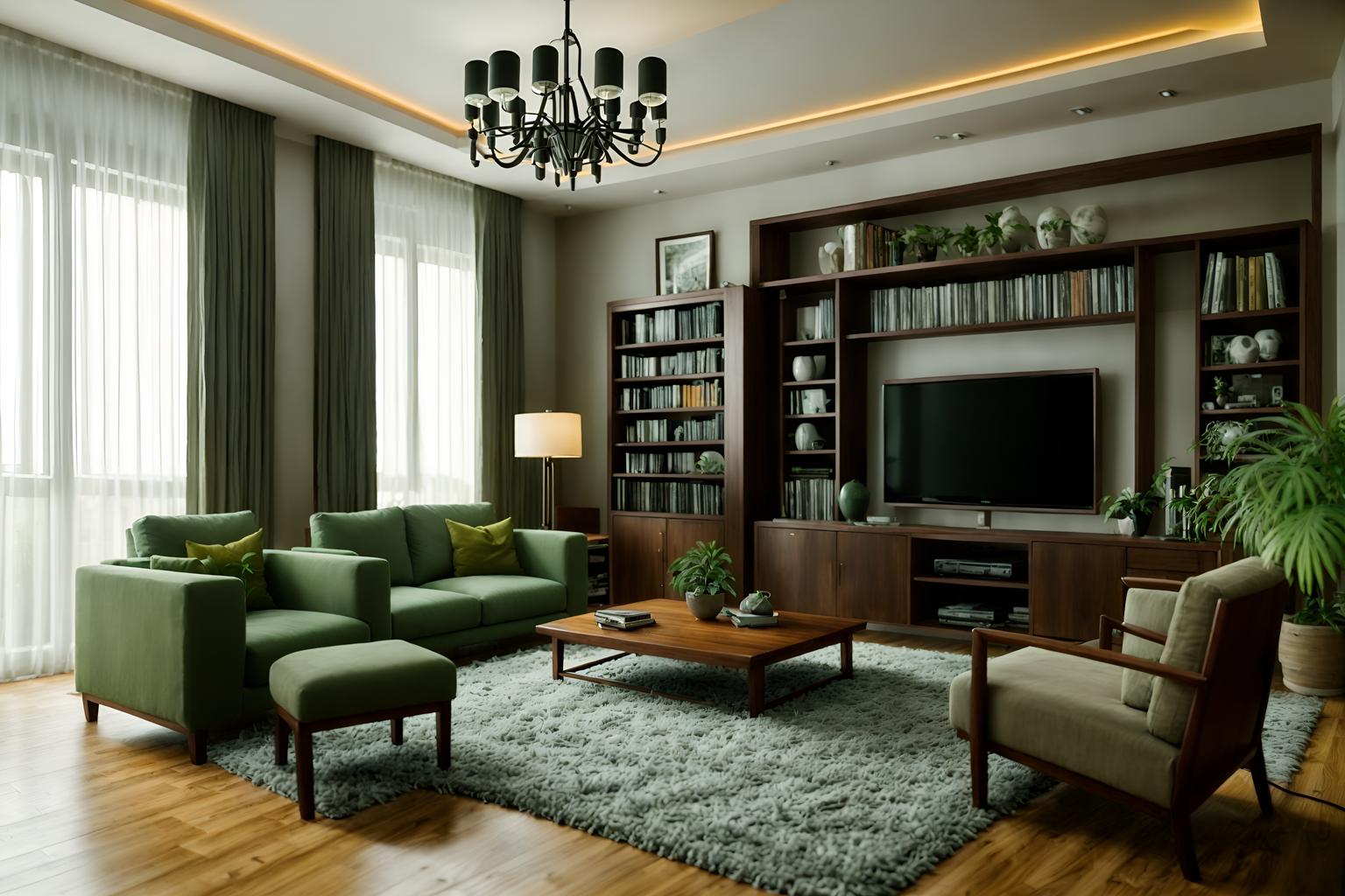 eco-friendly-style (living room interior) with plant and televisions and coffee tables and occasional tables and chairs and electric lamps and bookshelves and rug. . . cinematic photo, highly detailed, cinematic lighting, ultra-detailed, ultrarealistic, photorealism, 8k. eco-friendly interior design style. masterpiece, cinematic light, ultrarealistic+, photorealistic+, 8k, raw photo, realistic, sharp focus on eyes, (symmetrical eyes), (intact eyes), hyperrealistic, highest quality, best quality, , highly detailed, masterpiece, best quality, extremely detailed 8k wallpaper, masterpiece, best quality, ultra-detailed, best shadow, detailed background, detailed face, detailed eyes, high contrast, best illumination, detailed face, dulux, caustic, dynamic angle, detailed glow. dramatic lighting. highly detailed, insanely detailed hair, symmetrical, intricate details, professionally retouched, 8k high definition. strong bokeh. award winning photo.