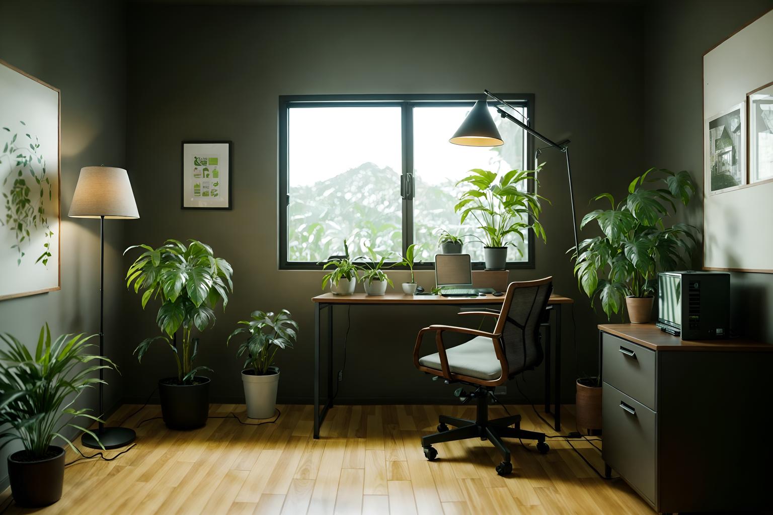 eco-friendly-style (home office interior) with plant and office chair and desk lamp and cabinets and computer desk and plant. . . cinematic photo, highly detailed, cinematic lighting, ultra-detailed, ultrarealistic, photorealism, 8k. eco-friendly interior design style. masterpiece, cinematic light, ultrarealistic+, photorealistic+, 8k, raw photo, realistic, sharp focus on eyes, (symmetrical eyes), (intact eyes), hyperrealistic, highest quality, best quality, , highly detailed, masterpiece, best quality, extremely detailed 8k wallpaper, masterpiece, best quality, ultra-detailed, best shadow, detailed background, detailed face, detailed eyes, high contrast, best illumination, detailed face, dulux, caustic, dynamic angle, detailed glow. dramatic lighting. highly detailed, insanely detailed hair, symmetrical, intricate details, professionally retouched, 8k high definition. strong bokeh. award winning photo.